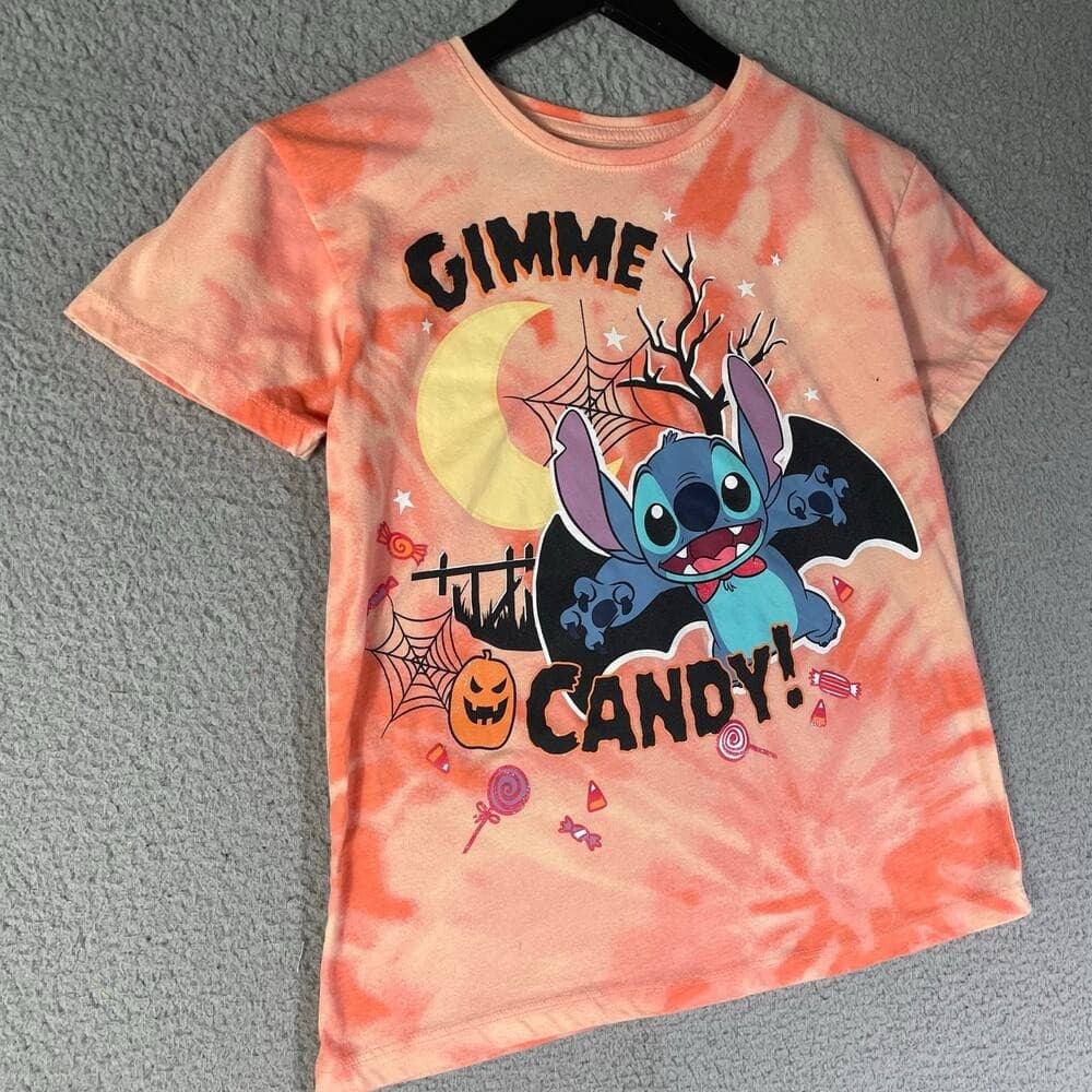Disney Stitch Halloween Graphic T-Shirt Kids L Gimme Candy Bat Pumpkin Tie Dye - Thumbnail 5