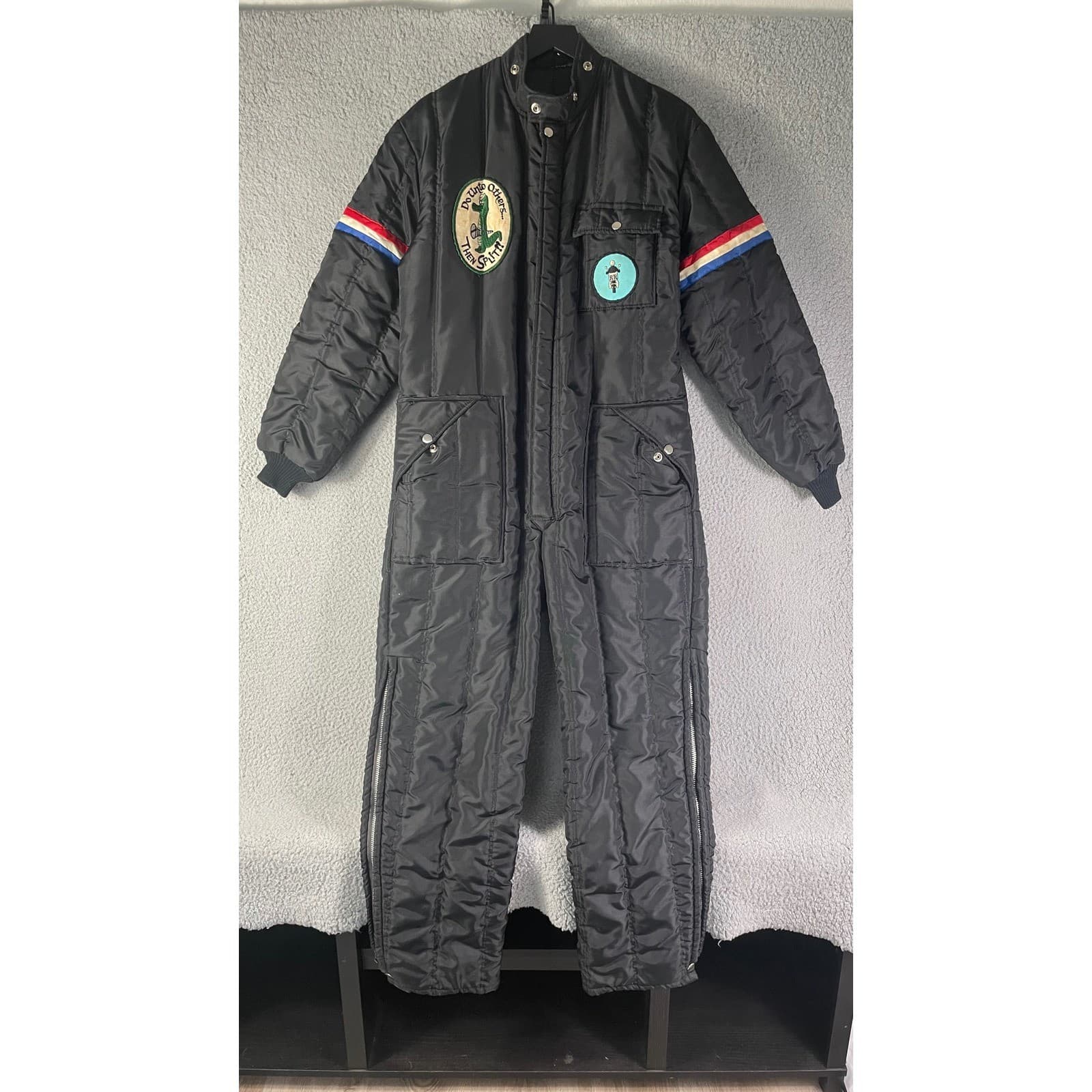 Vintage Insulated Snow Suit Mens L Black Quilted Coveralls Workwear Patches - Thumbnail 4