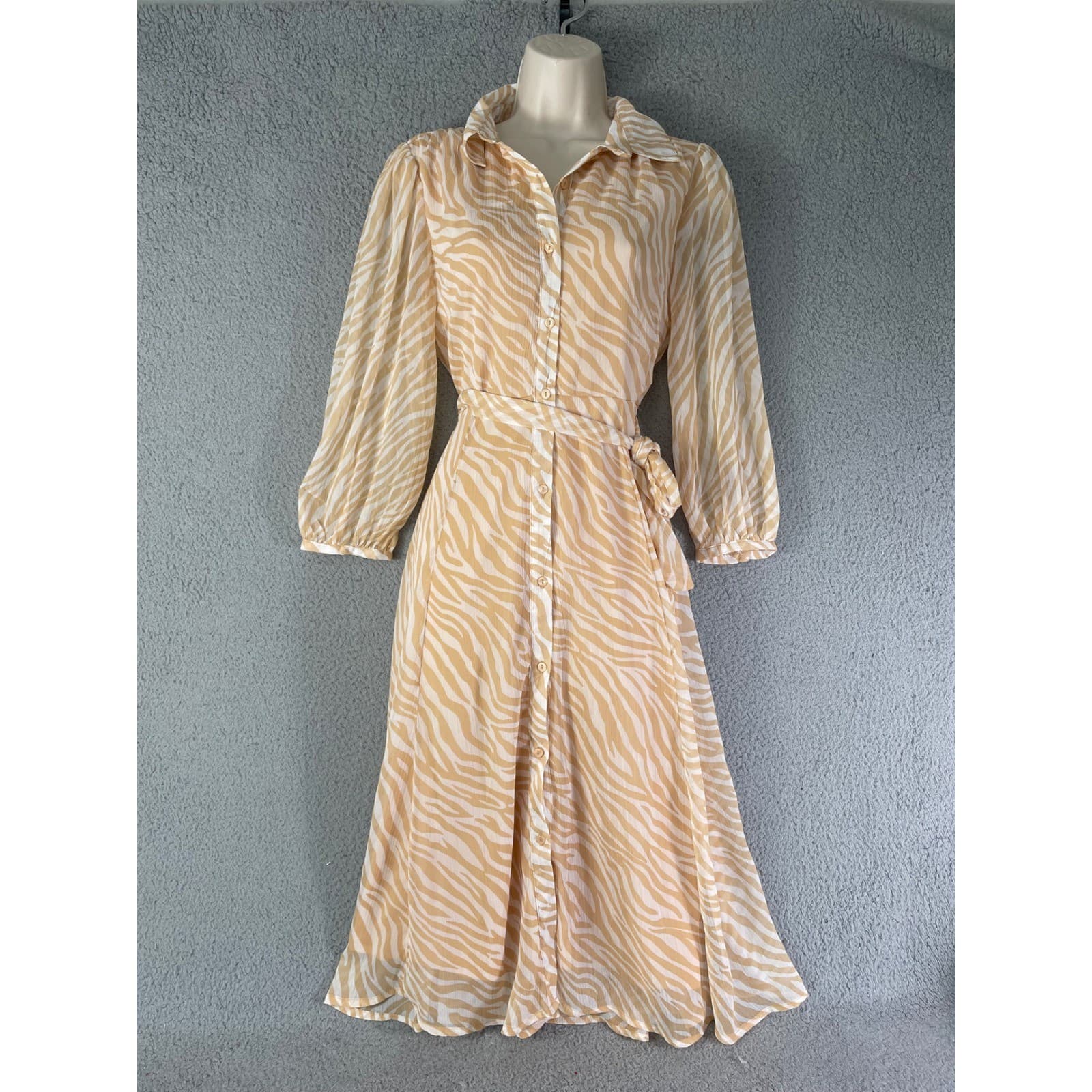 Zebra Print Midi Shirt Dress Belted Button Front Animal Print Beige Women’s S Ha - Thumbnail 2