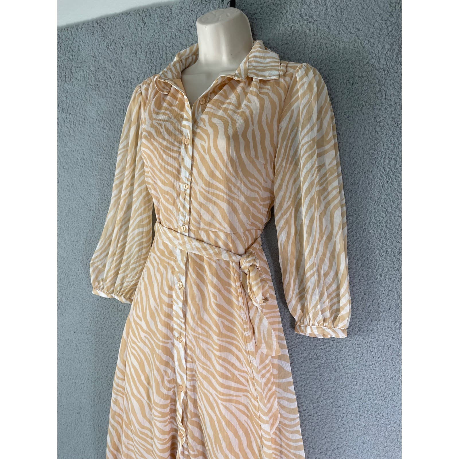 Zebra Print Midi Shirt Dress Belted Button Front Animal Print Beige Women’s S Ha - Thumbnail 6
