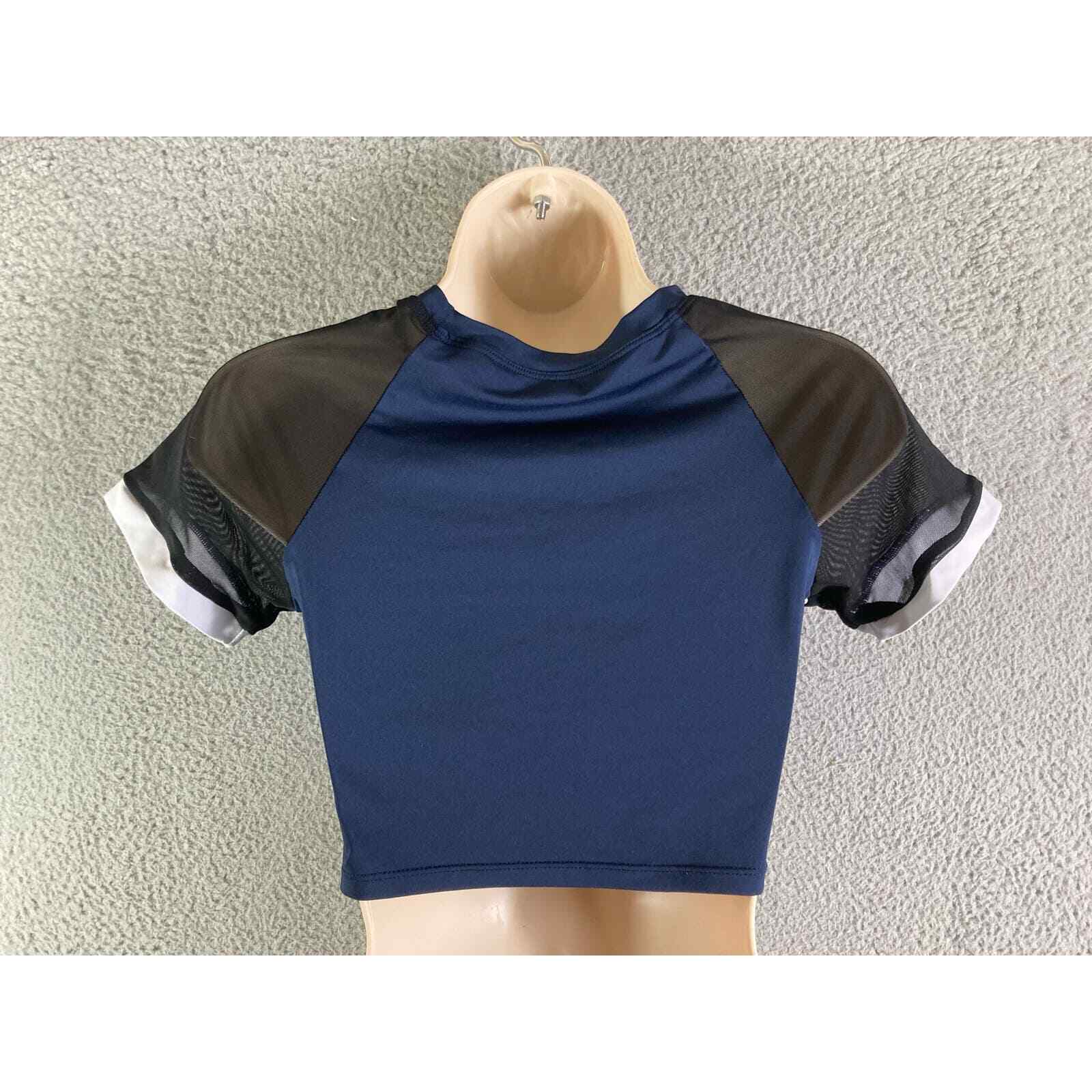 Women’s Mesh Crop Top Blue Black Sheer Short Sleeve Party Clubwear Stretch M - Thumbnail 4
