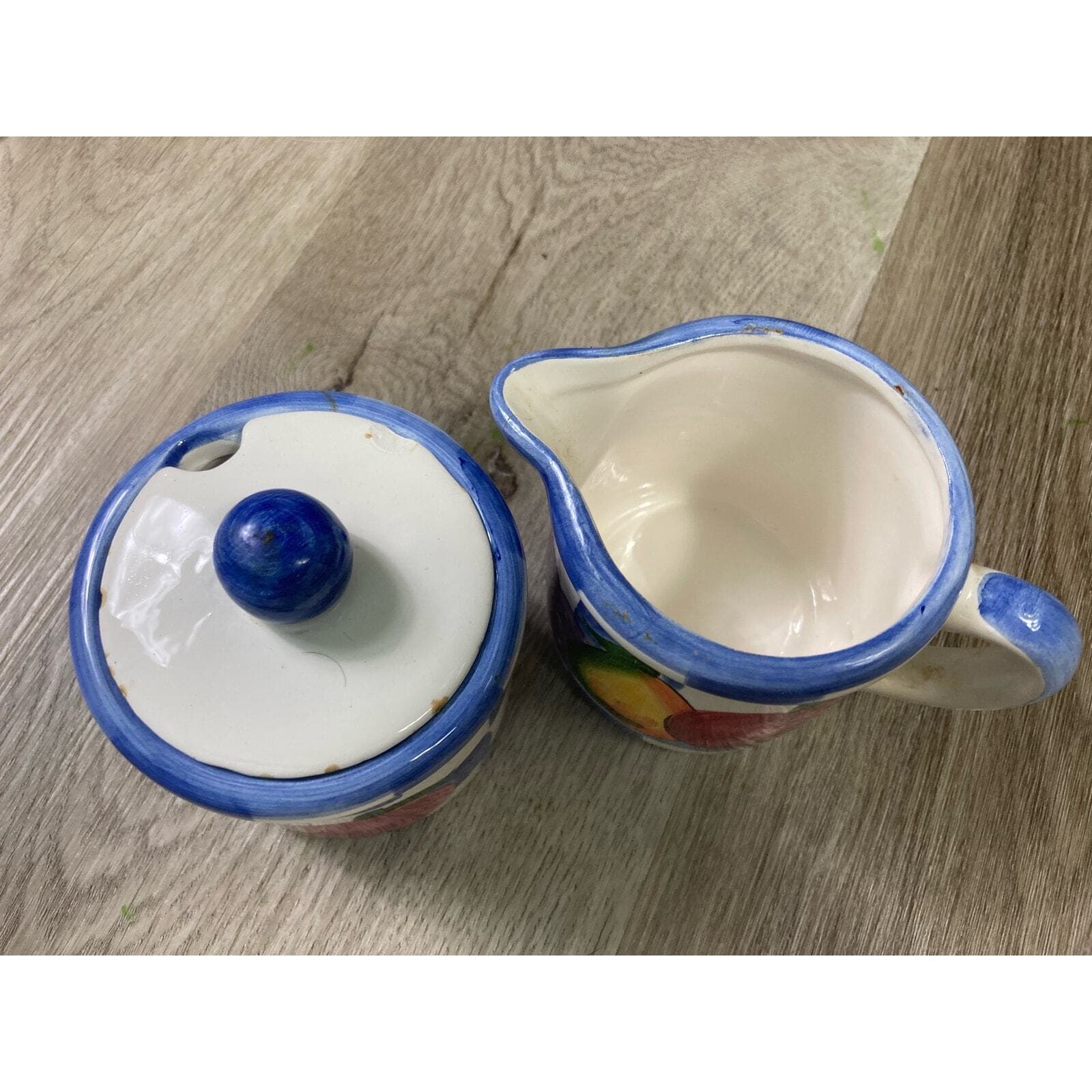 Vintage Hand-Painted Ceramic Cream & Sugar Set Fruit Design Multicolor - Thumbnail 2