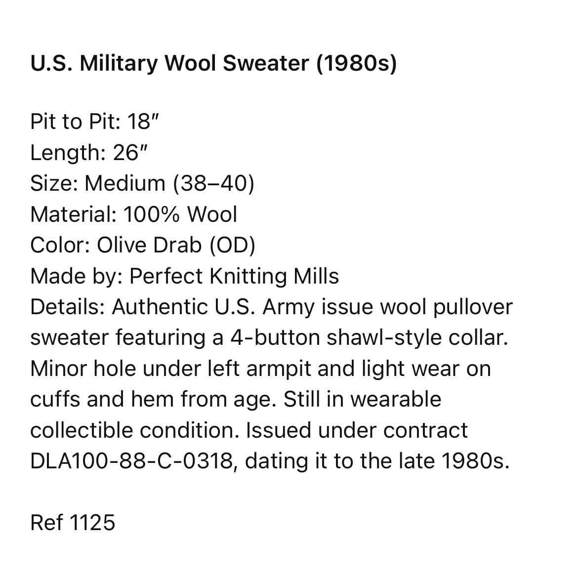 USGI Military Wool Sweater OD Green Shawl Collar 100% Wool Pullover Medium 1988 - Thumbnail 2