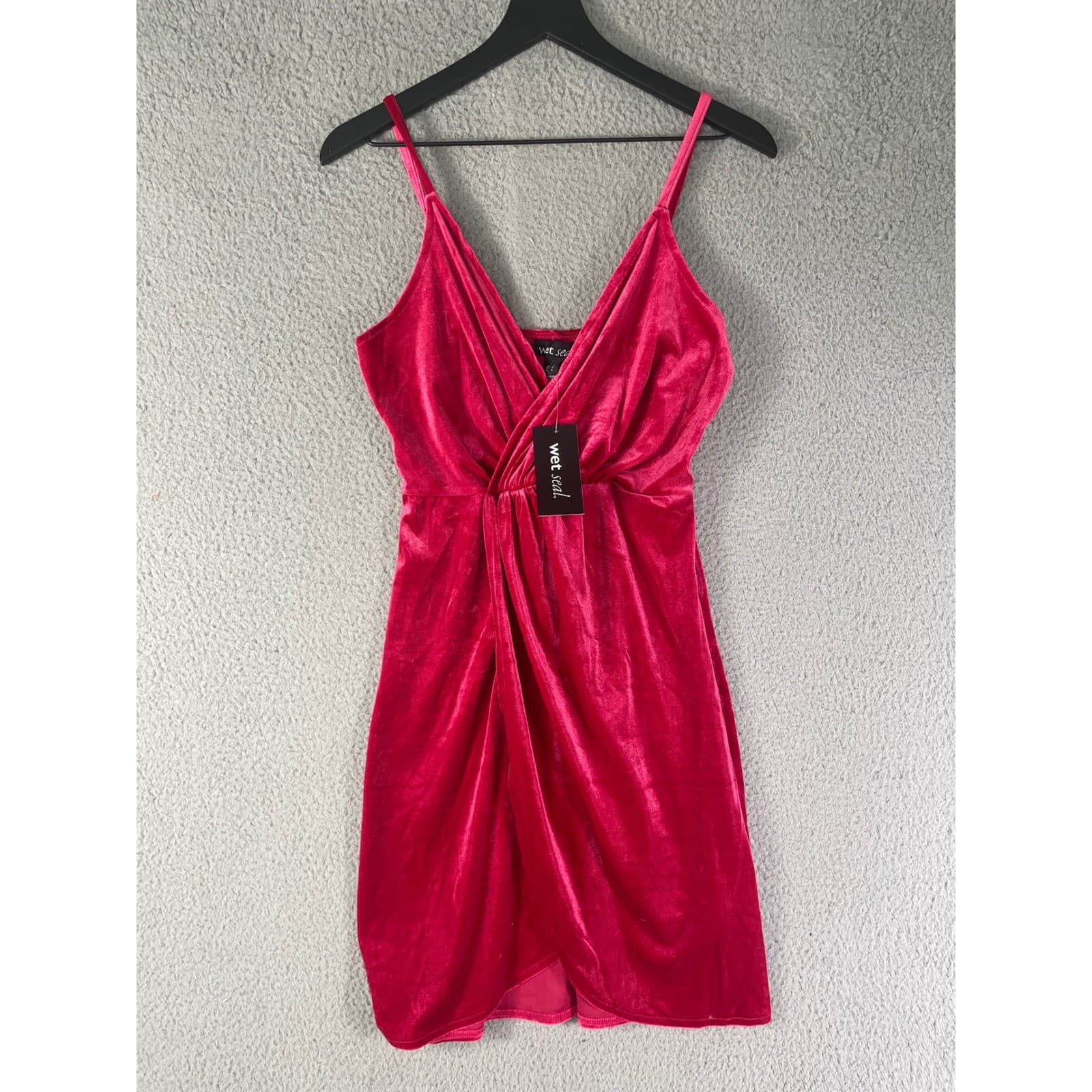 Wet Seal Magenta Velvet V-Neck Draped Mini Dress Pink 30-3568 Womens Small NWT - Thumbnail 2