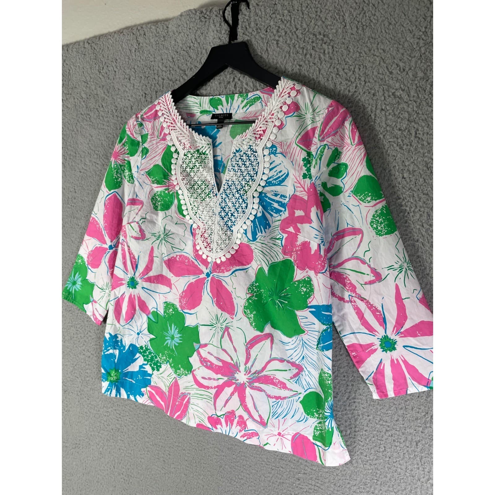 Talbots Petites Floral Embroidered Blouse Womens Small White Short Sleeve Top - Thumbnail 7