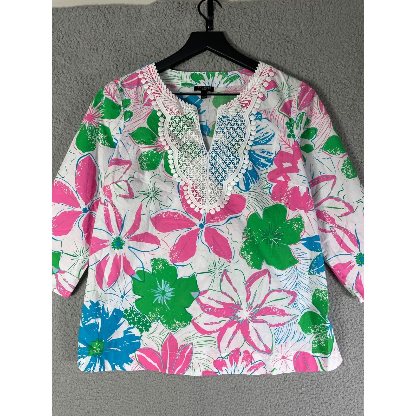 Talbots Petites Floral Embroidered Blouse Womens Small White Short Sleeve Top - Thumbnail 5