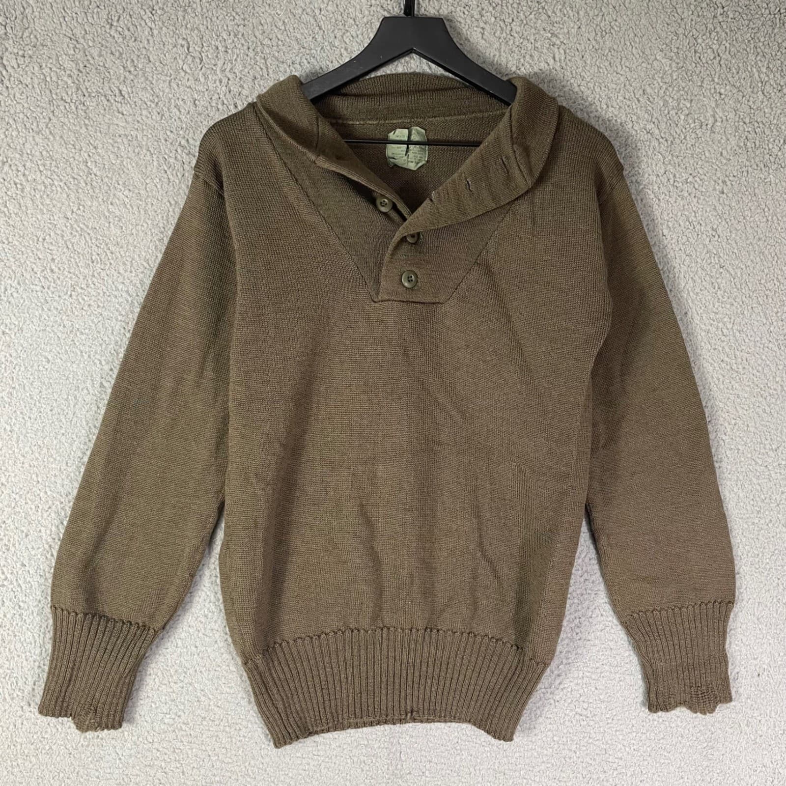 USGI Military Wool Sweater OD Green Shawl Collar 100% Wool Pullover Medium 1988 - Thumbnail 4