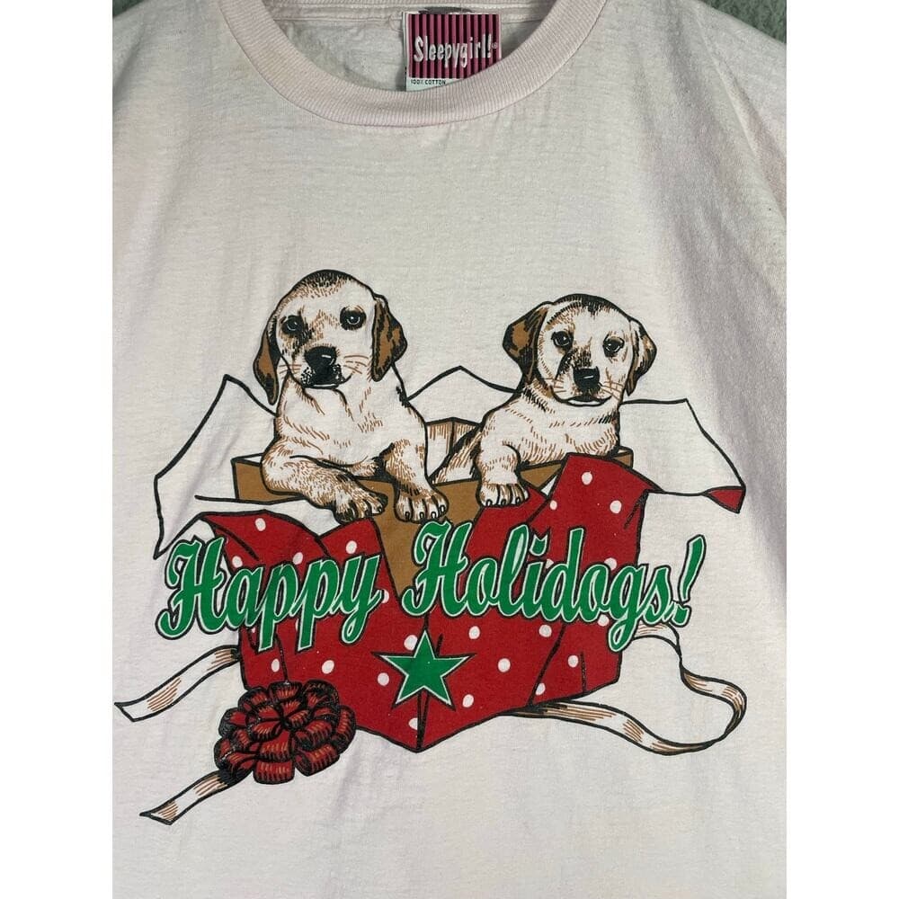 Vintage 90s Sleepygirl Christmas Puppy Graphic Tee One Size USA Made Holiday - Thumbnail 5