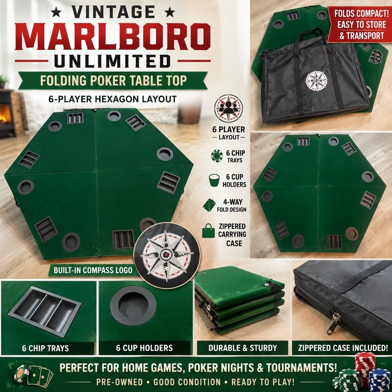 Vintage Marlboro Unlimited Folding Poker Table Top Compass 6 Player Travel Case - Thumbnail 2