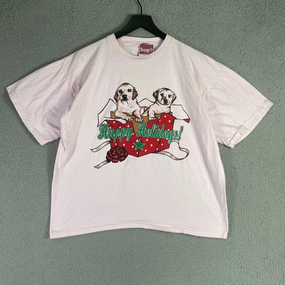 Vintage 90s Sleepygirl Christmas Puppy Graphic Tee One Size USA Made Holiday - Thumbnail 3