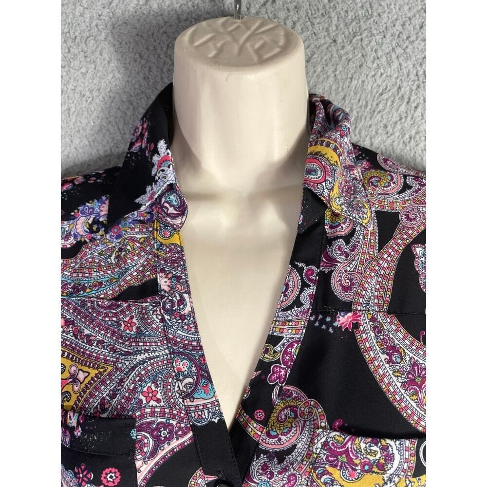 Women’s Express Paisley Multicolor Button Down Blouse XS Black Boho Long Sleeve - Thumbnail 5