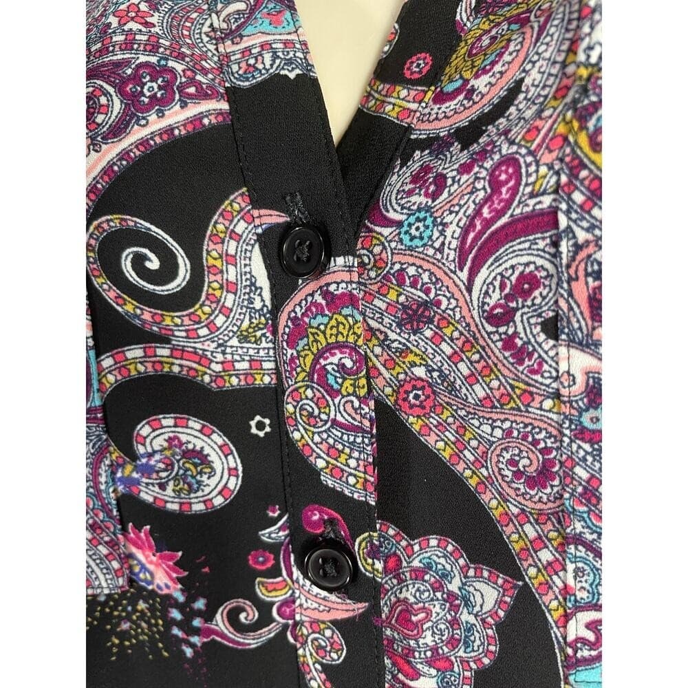 Women’s Express Paisley Multicolor Button Down Blouse XS Black Boho Long Sleeve - Thumbnail 10