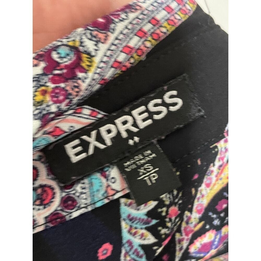 Women’s Express Paisley Multicolor Button Down Blouse XS Black Boho Long Sleeve - Thumbnail 6