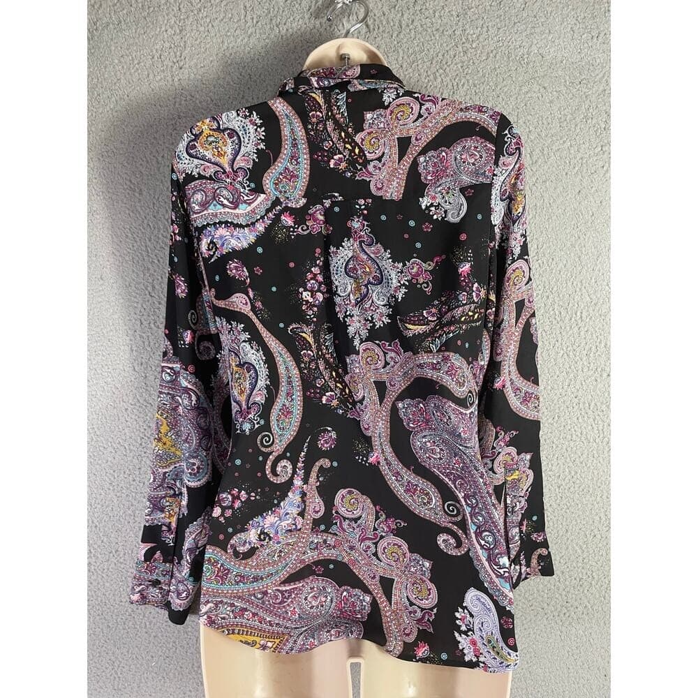 Women’s Express Paisley Multicolor Button Down Blouse XS Black Boho Long Sleeve - Thumbnail 8