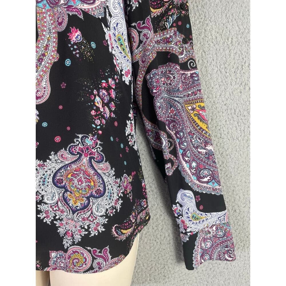 Women’s Express Paisley Multicolor Button Down Blouse XS Black Boho Long Sleeve - Thumbnail 9