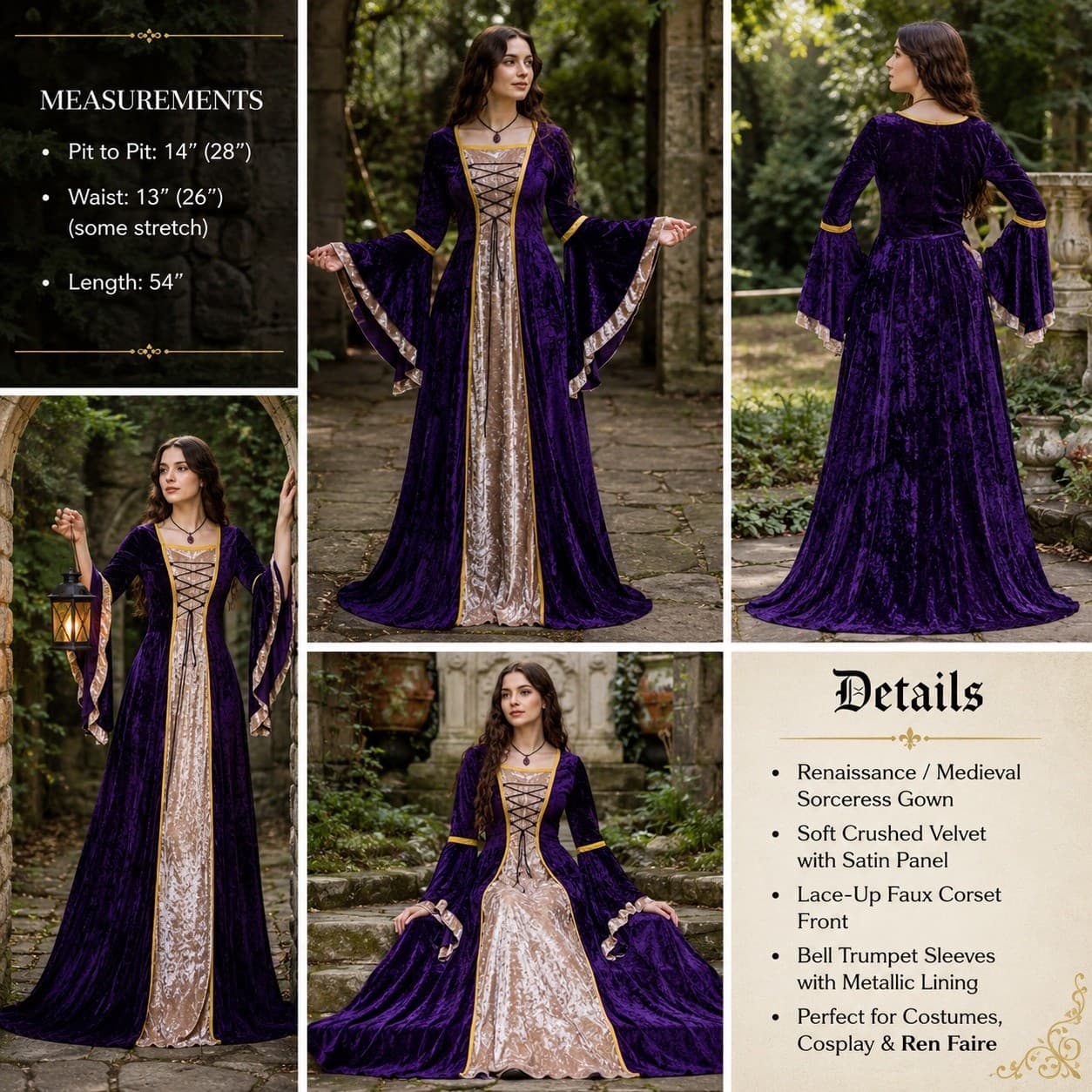 Renaissance Dress Medieval Gown Costume Purple Velvet Fair Sorceress Cosplay S - Thumbnail 2