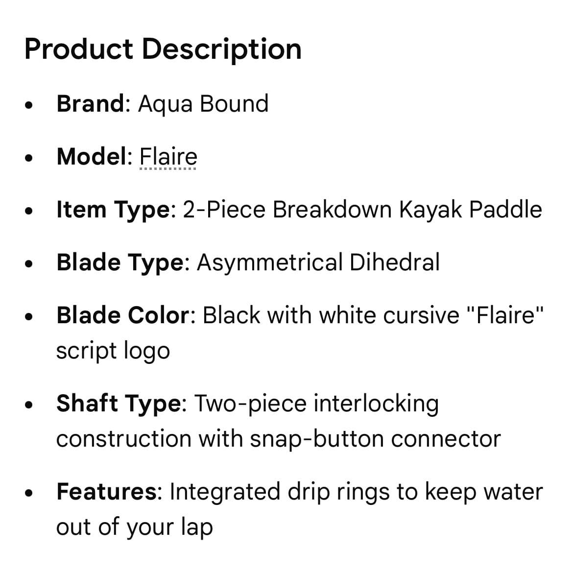 Aqua Bound Flaire 2 Pc Kayak Paddle 90.5" Black Asymmetrical Dihedral 230 cm - Thumbnail 2