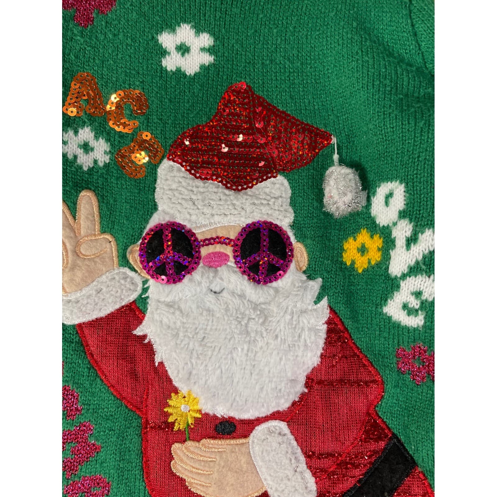 Holiday Time Kids Green Ugly Christmas Sweater Peace Love Santa Girls Size 6/6X - Thumbnail 5