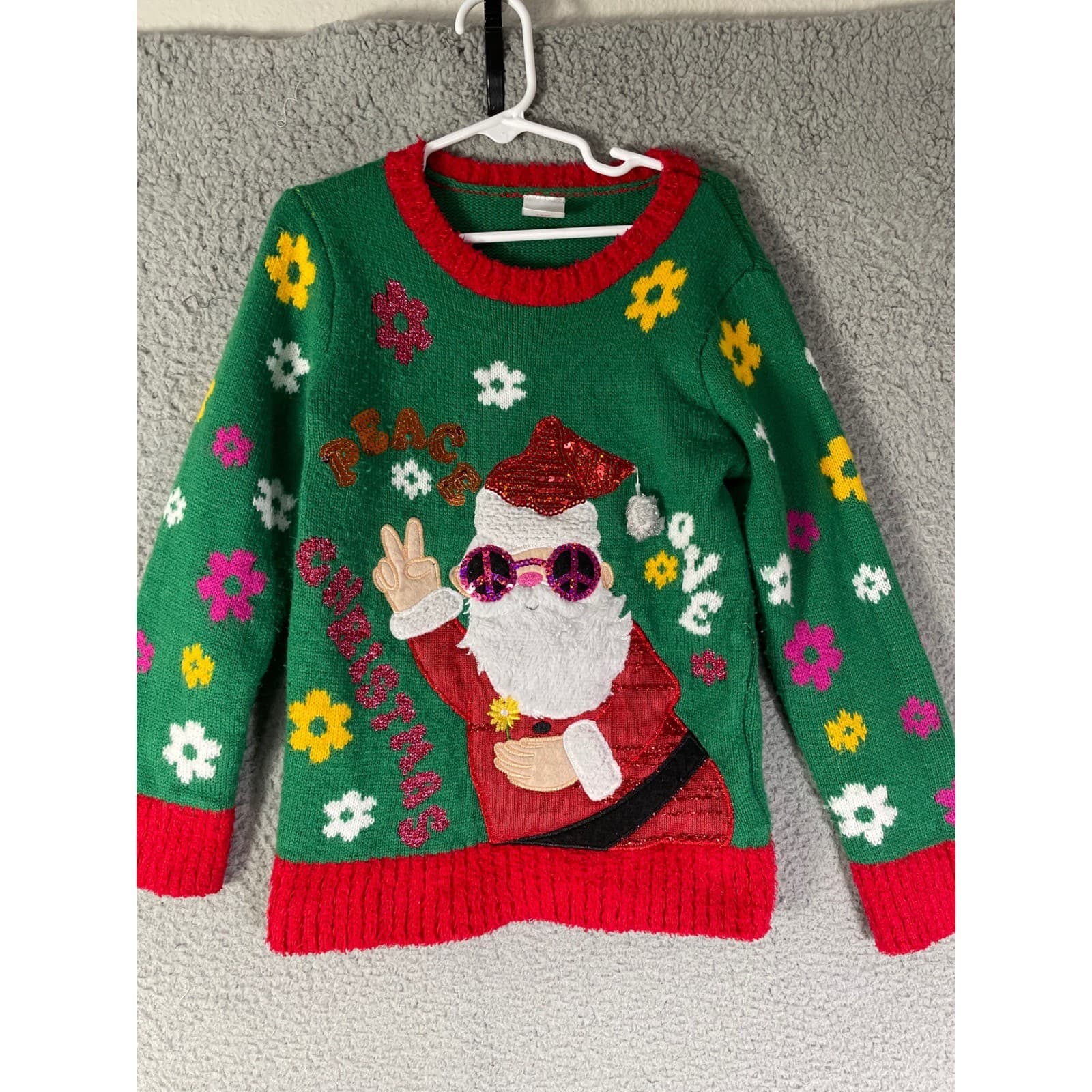 Holiday Time Kids Green Ugly Christmas Sweater Peace Love Santa Girls Size 6/6X - Thumbnail 3
