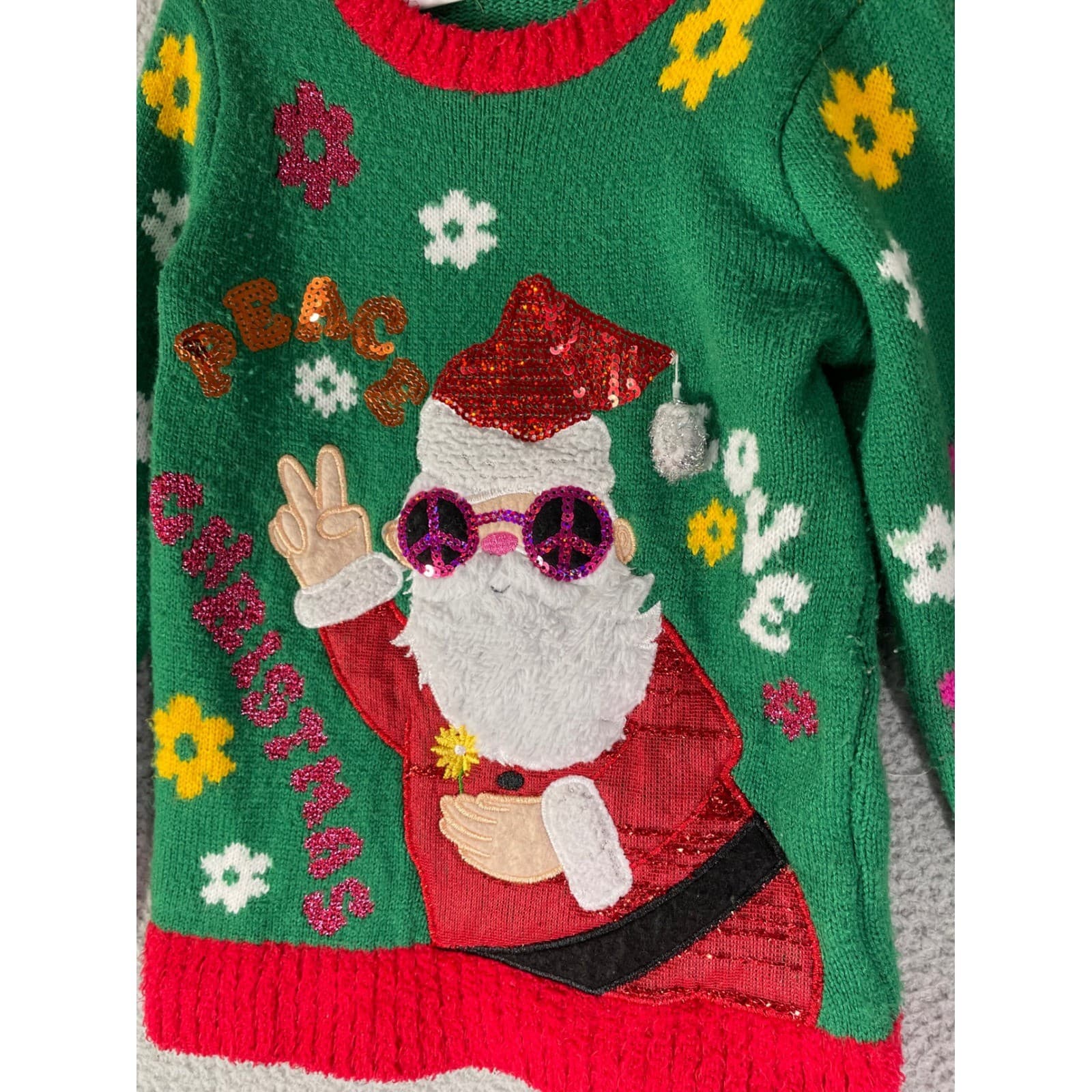 Holiday Time Kids Green Ugly Christmas Sweater Peace Love Santa Girls Size 6/6X - Thumbnail 4