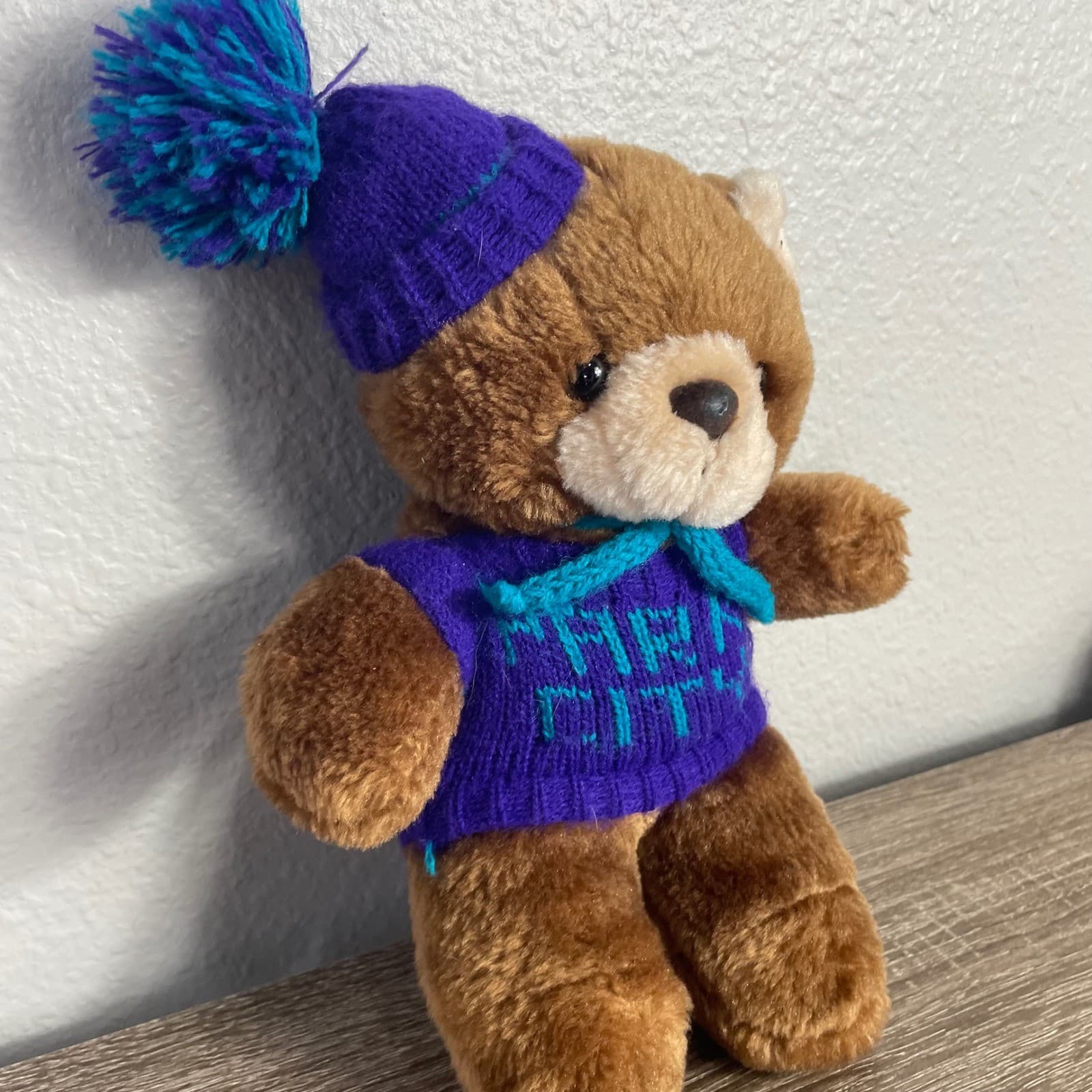 Vintage 1991 Acme Park City Utah Teddy Bear Plush Purple Sweater Beanie 90s - Thumbnail 10