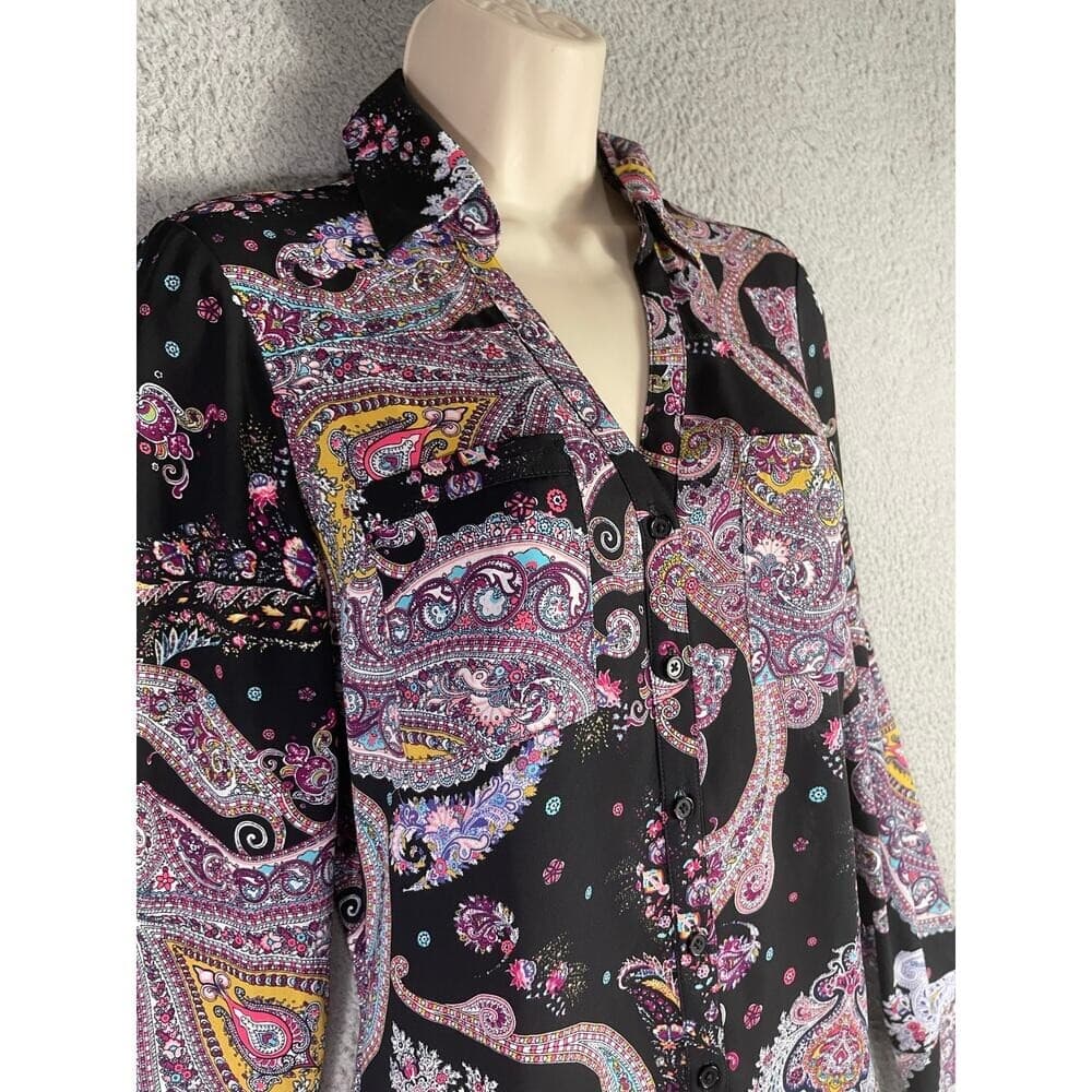 Women’s Express Paisley Multicolor Button Down Blouse XS Black Boho Long Sleeve - Thumbnail 4