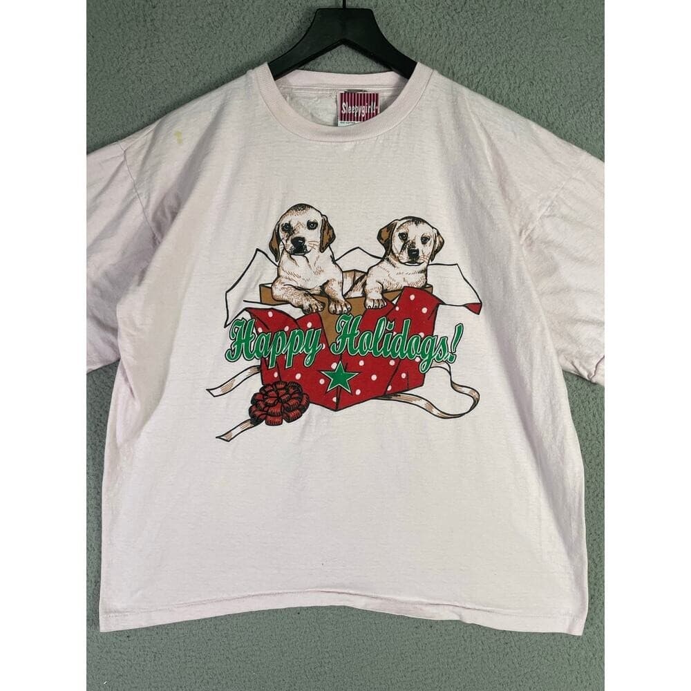 Vintage 90s Sleepygirl Christmas Puppy Graphic Tee One Size USA Made Holiday - Thumbnail 4