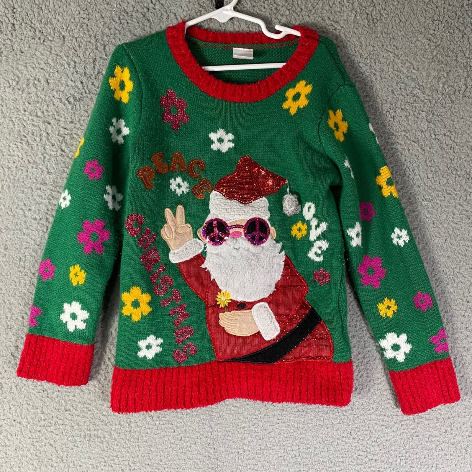 Holiday Time Kids Green Ugly Christmas Sweater Peace Love Santa Girls Size 6/6X - Thumbnail 2