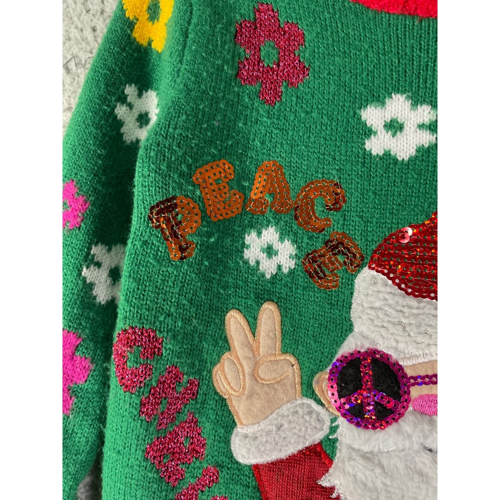 Holiday Time Kids Green Ugly Christmas Sweater Peace Love Santa Girls Size 6/6X - Thumbnail 6