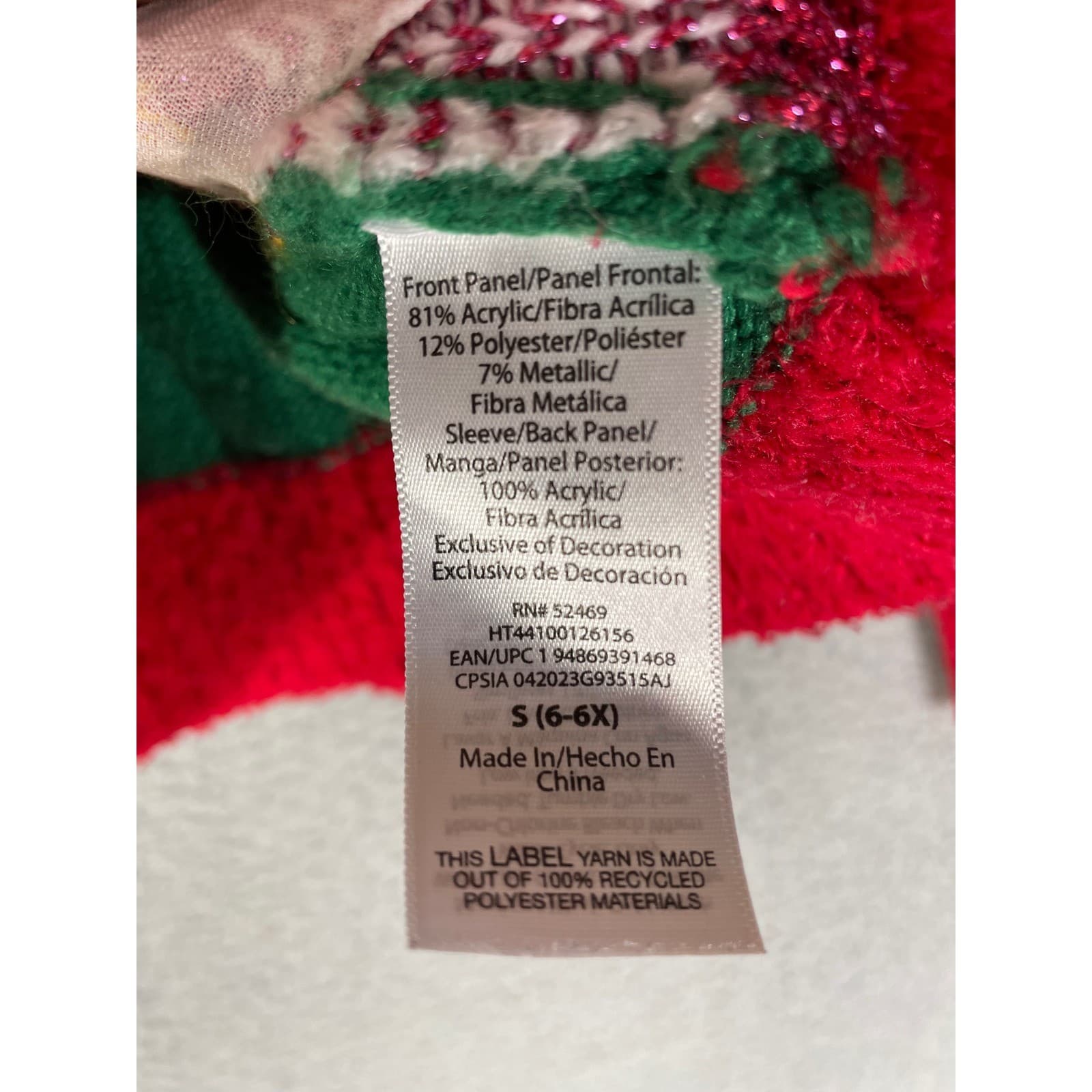 Holiday Time Kids Green Ugly Christmas Sweater Peace Love Santa Girls Size 6/6X - Thumbnail 8