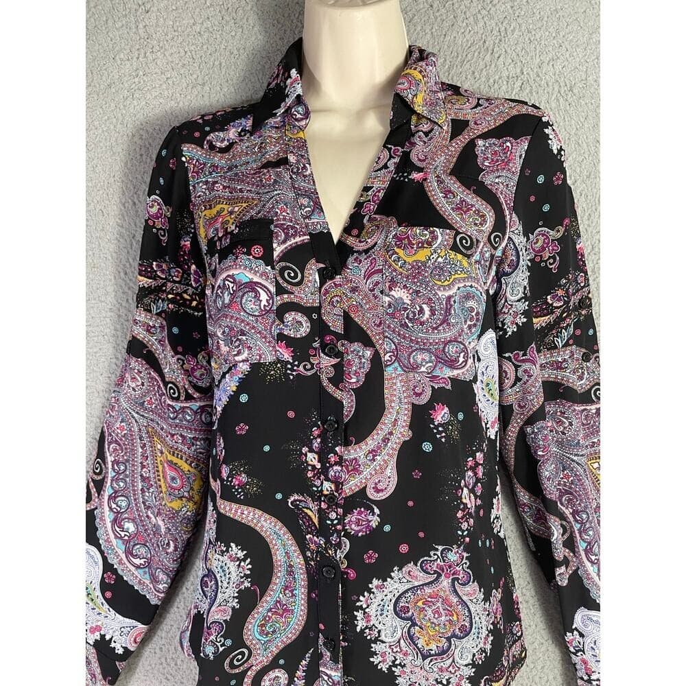 Women’s Express Paisley Multicolor Button Down Blouse XS Black Boho Long Sleeve - Thumbnail 3