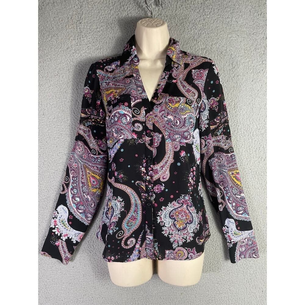 Women’s Express Paisley Multicolor Button Down Blouse XS Black Boho Long Sleeve - Thumbnail 2