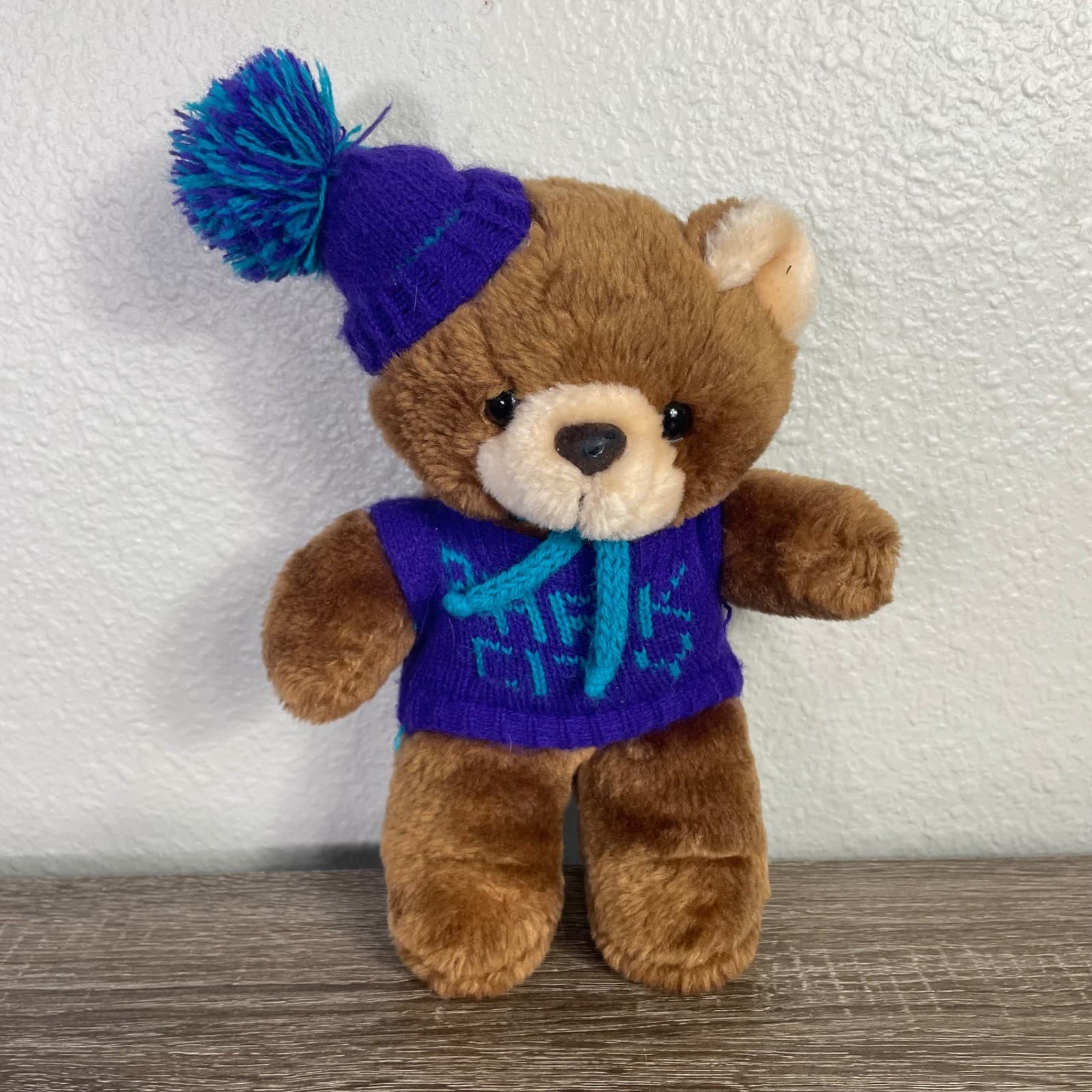Vintage 1991 Acme Park City Utah Teddy Bear Plush Purple Sweater Beanie 90s - Thumbnail 3