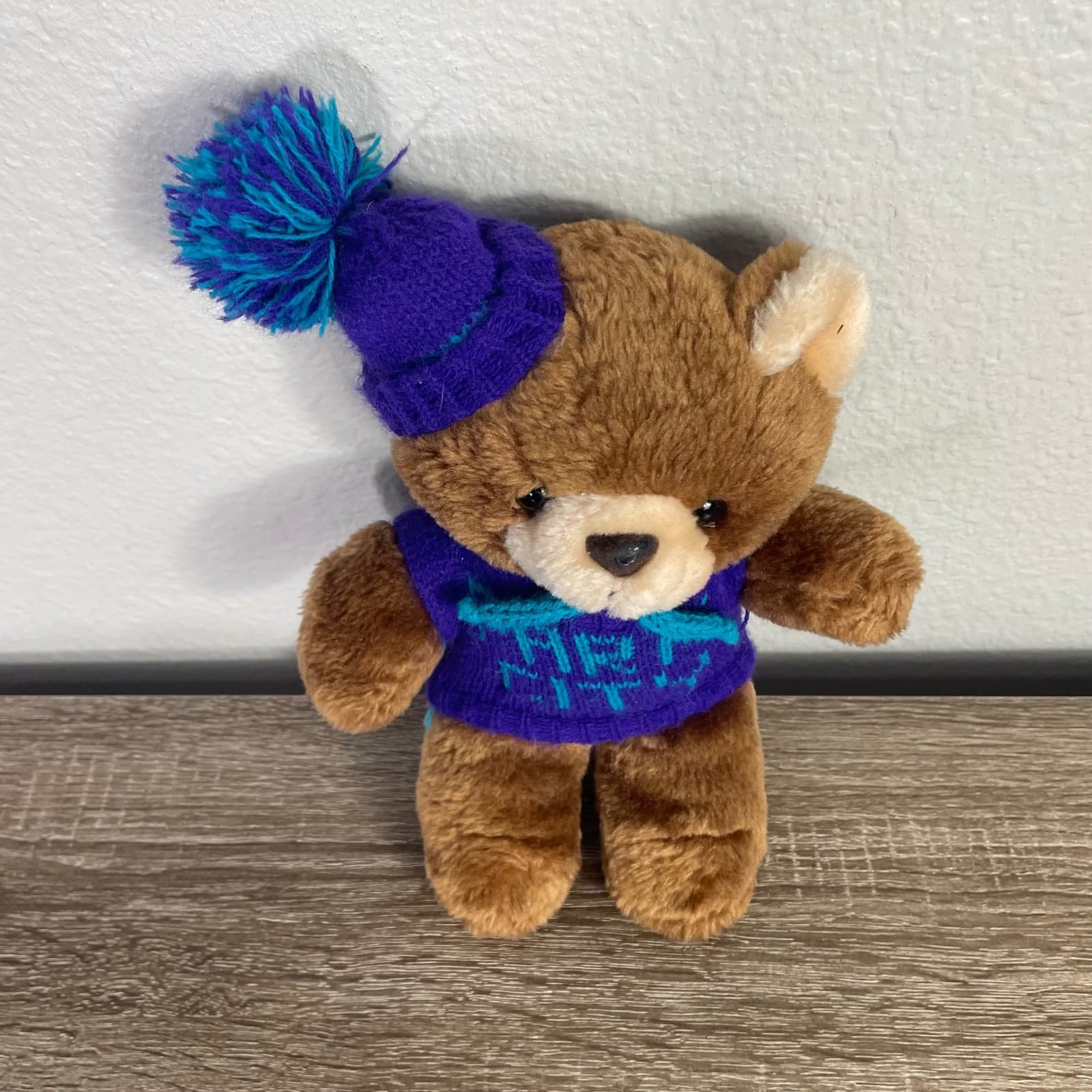 Vintage 1991 Acme Park City Utah Teddy Bear Plush Purple Sweater Beanie 90s - Thumbnail 4