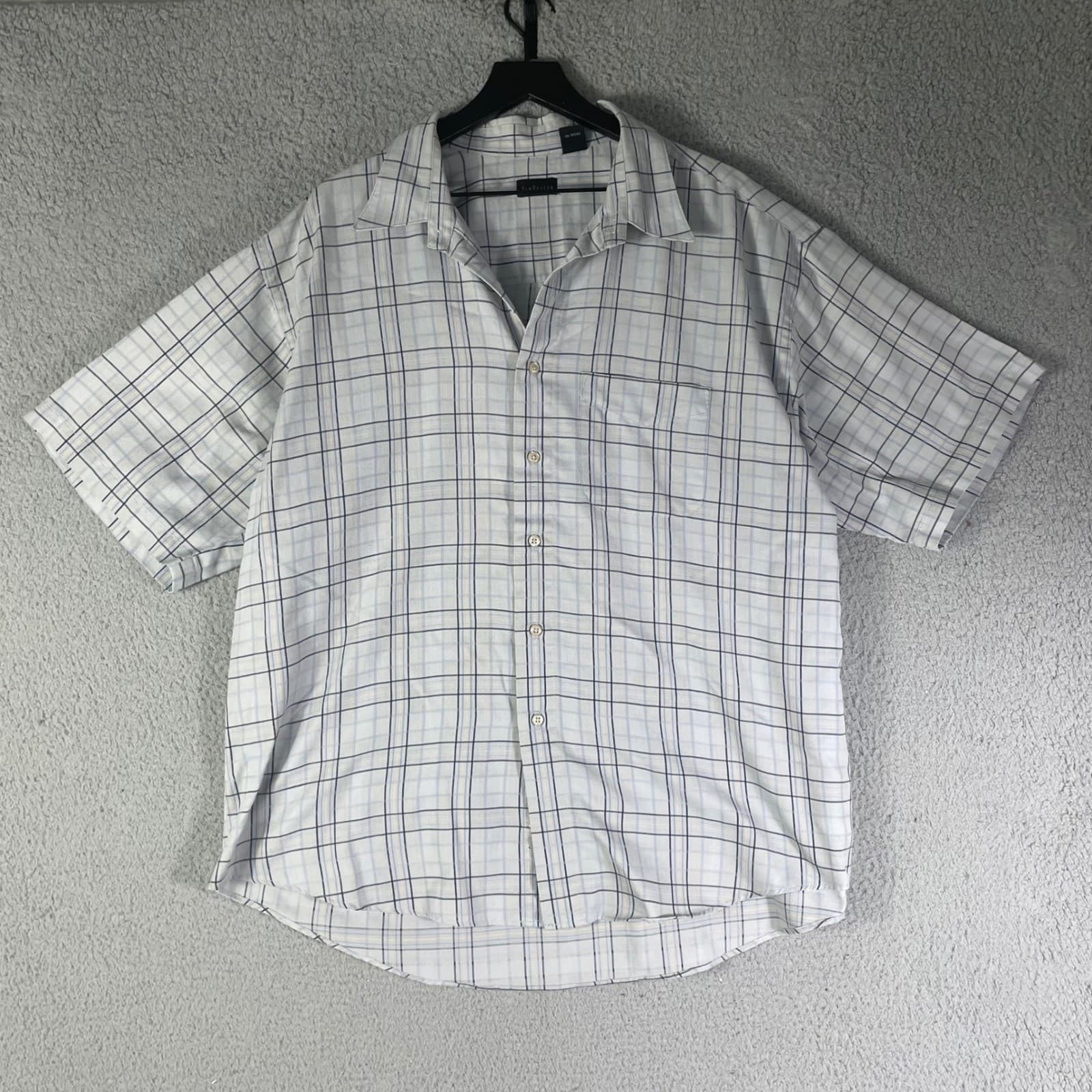 Van Heusen Mens XXL Short Sleeve Button Down Shirt Blue Tan Grid Plaid - Thumbnail 2