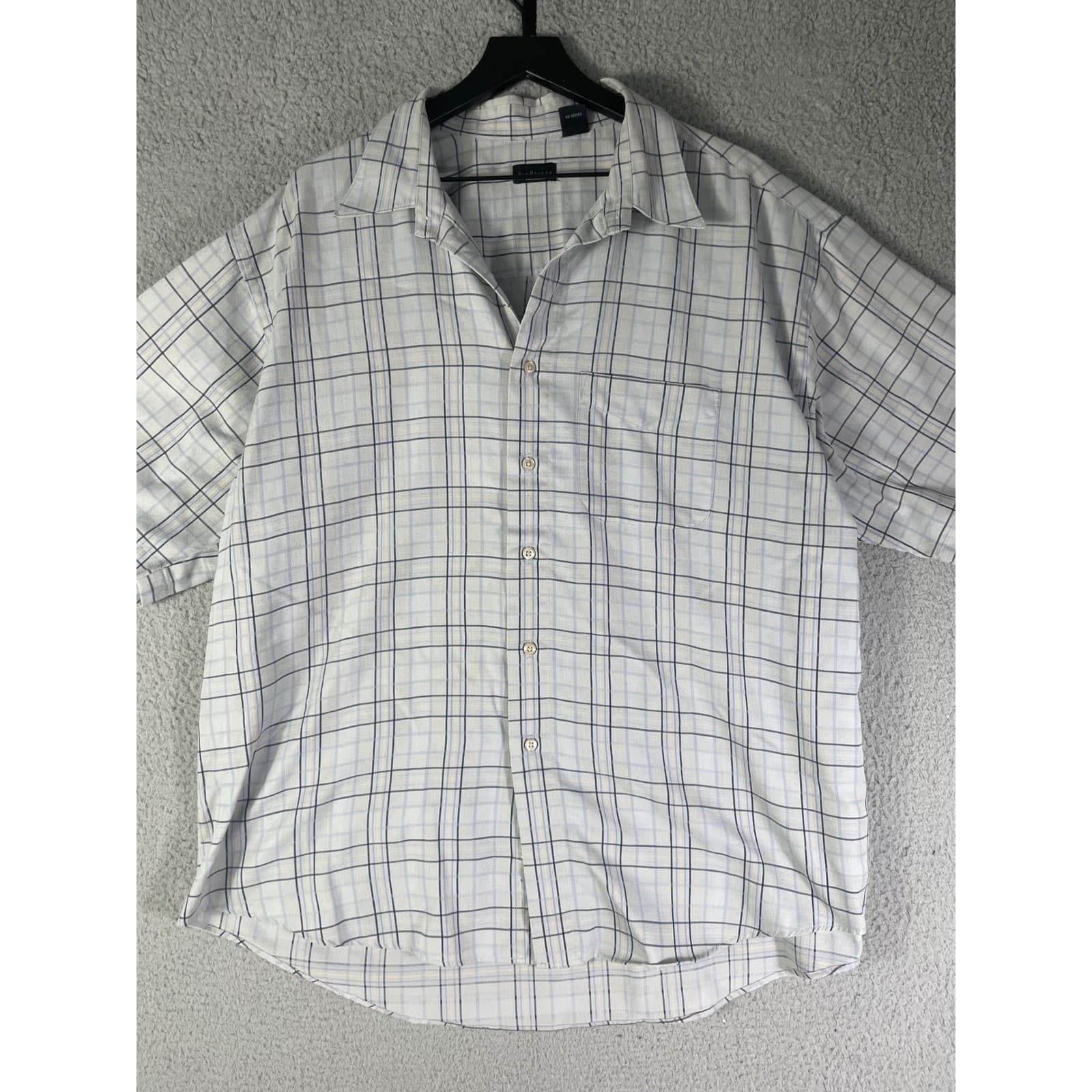 Van Heusen Mens XXL Short Sleeve Button Down Shirt Blue Tan Grid Plaid - Thumbnail 7