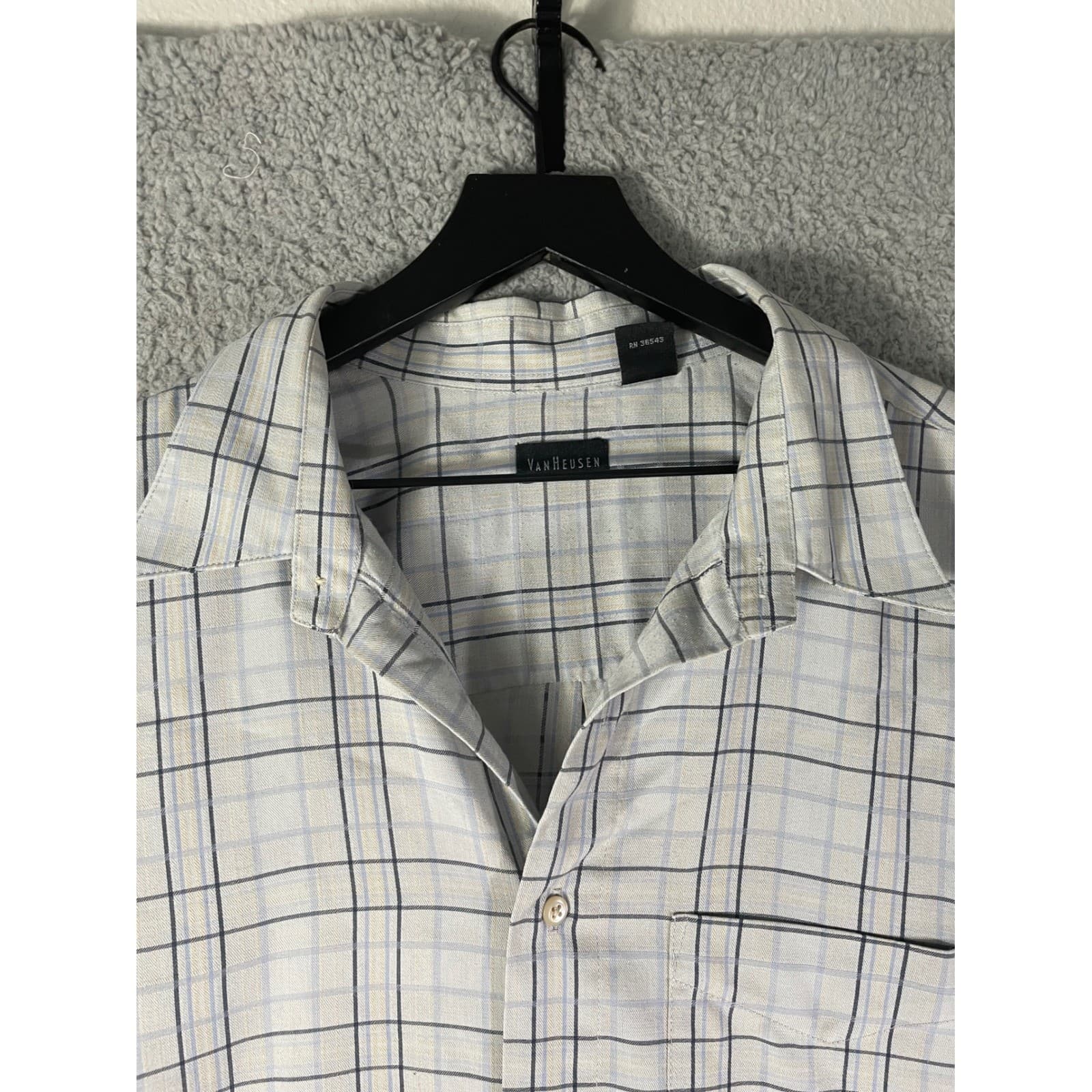 Van Heusen Mens XXL Short Sleeve Button Down Shirt Blue Tan Grid Plaid - Thumbnail 8