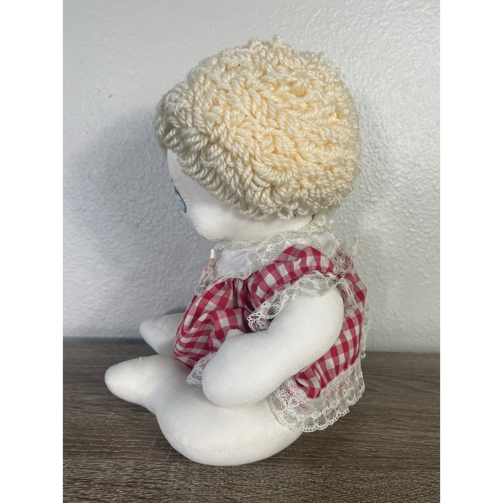 Vintage Handmade Cloth Doll Blonde Yarn Hair Red Gingham Dress Folk Art 16 In - Thumbnail 8