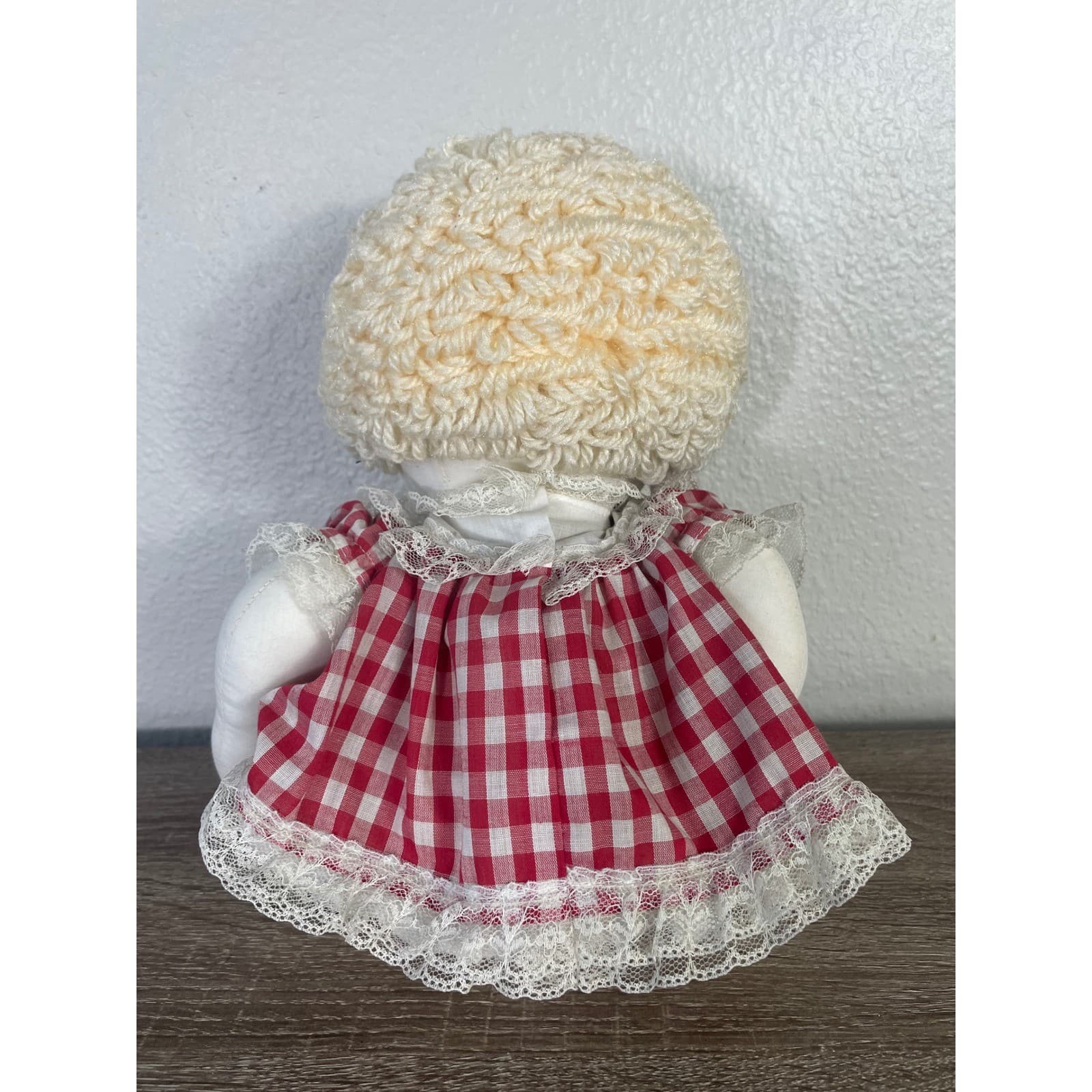 Vintage Handmade Cloth Doll Blonde Yarn Hair Red Gingham Dress Folk Art 16 In - Thumbnail 7