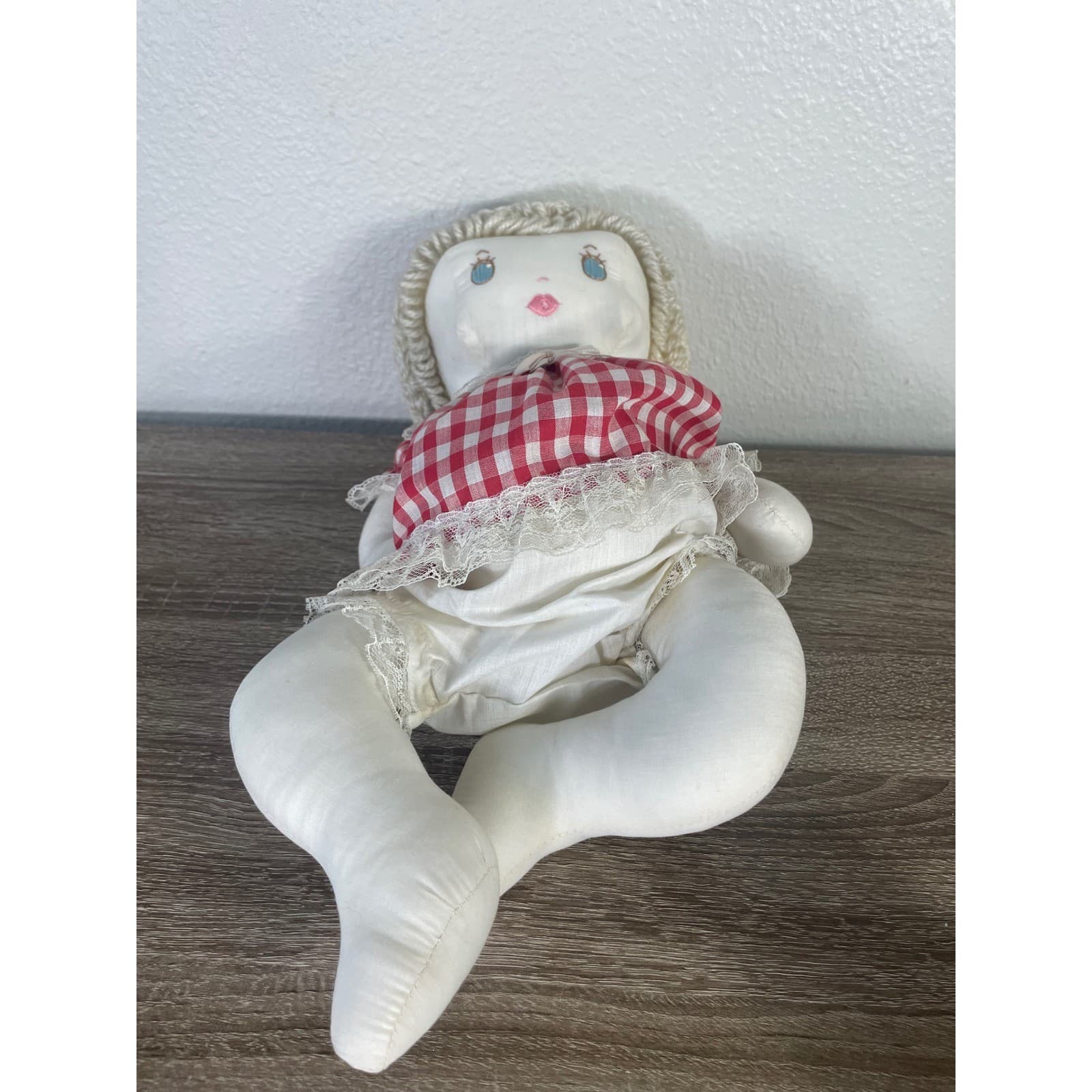 Vintage Handmade Cloth Doll Blonde Yarn Hair Red Gingham Dress Folk Art 16 In - Thumbnail 9