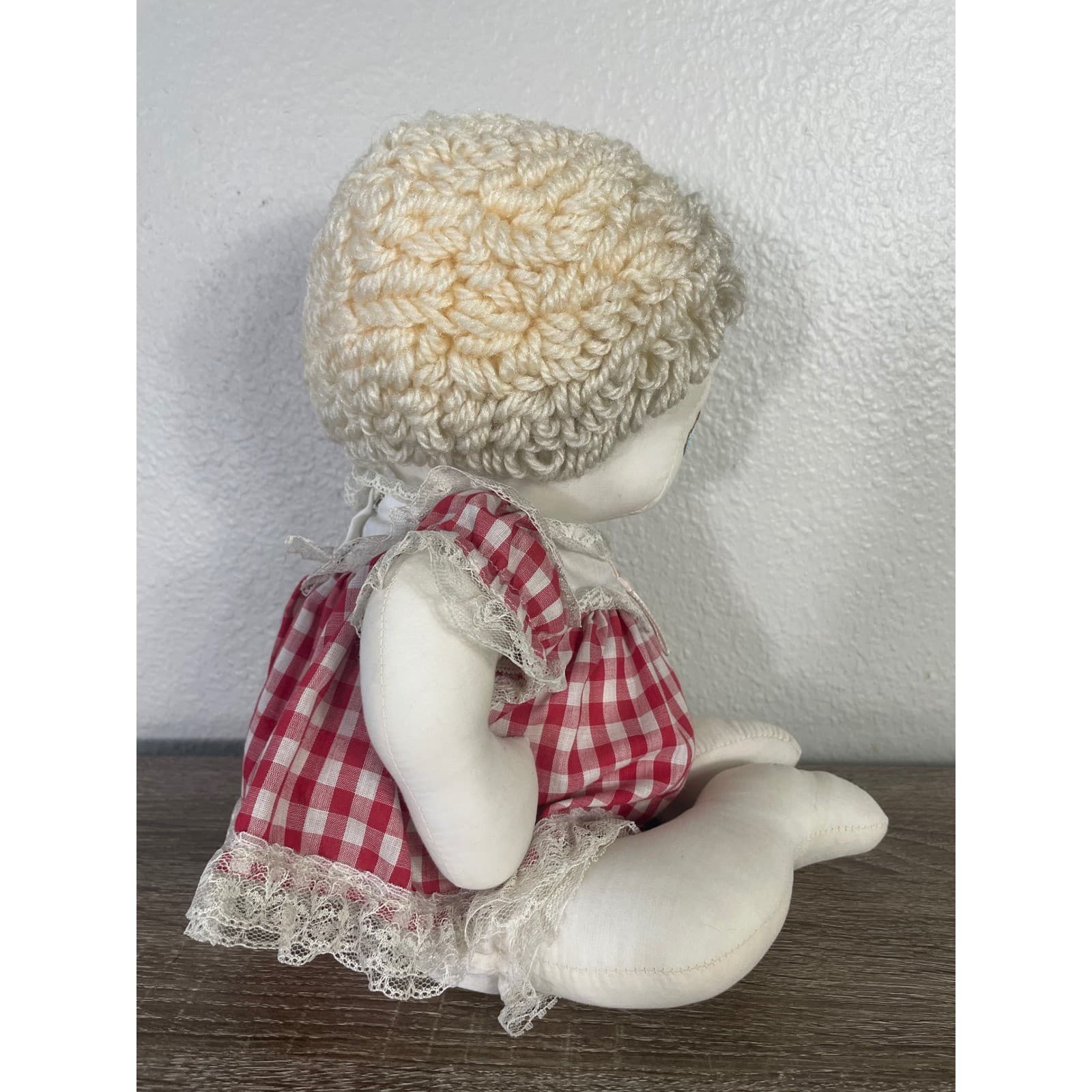 Vintage Handmade Cloth Doll Blonde Yarn Hair Red Gingham Dress Folk Art 16 In - Thumbnail 6