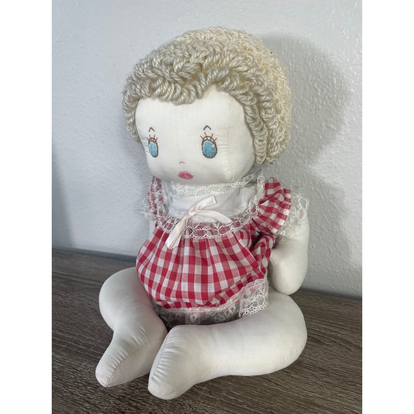 Vintage Handmade Cloth Doll Blonde Yarn Hair Red Gingham Dress Folk Art 16 In - Thumbnail 4