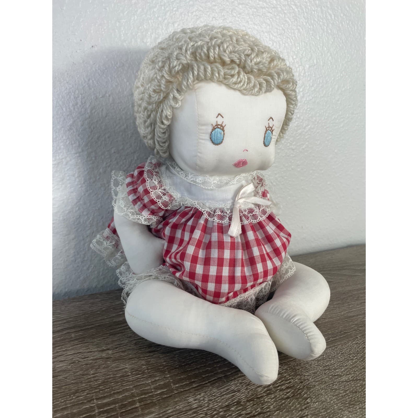 Vintage Handmade Cloth Doll Blonde Yarn Hair Red Gingham Dress Folk Art 16 In - Thumbnail 5