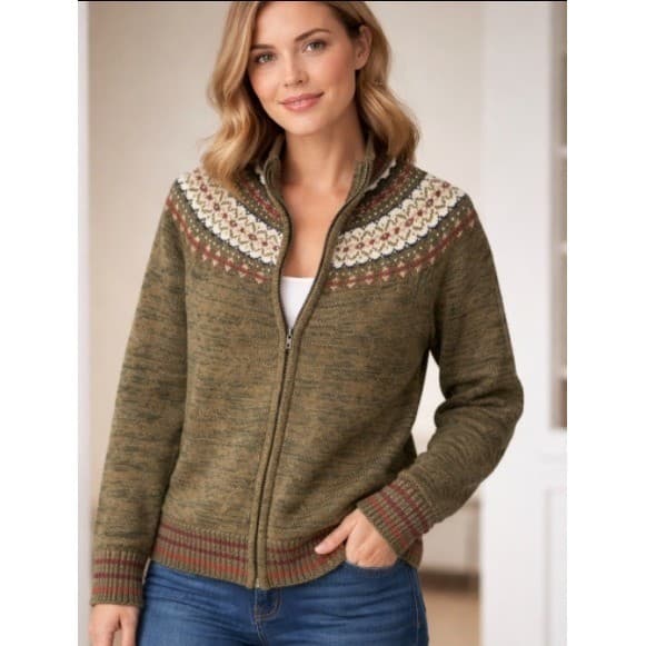 Tiara International Womens Small Zip Up Nordic Fair Isle Knit Sweater Green