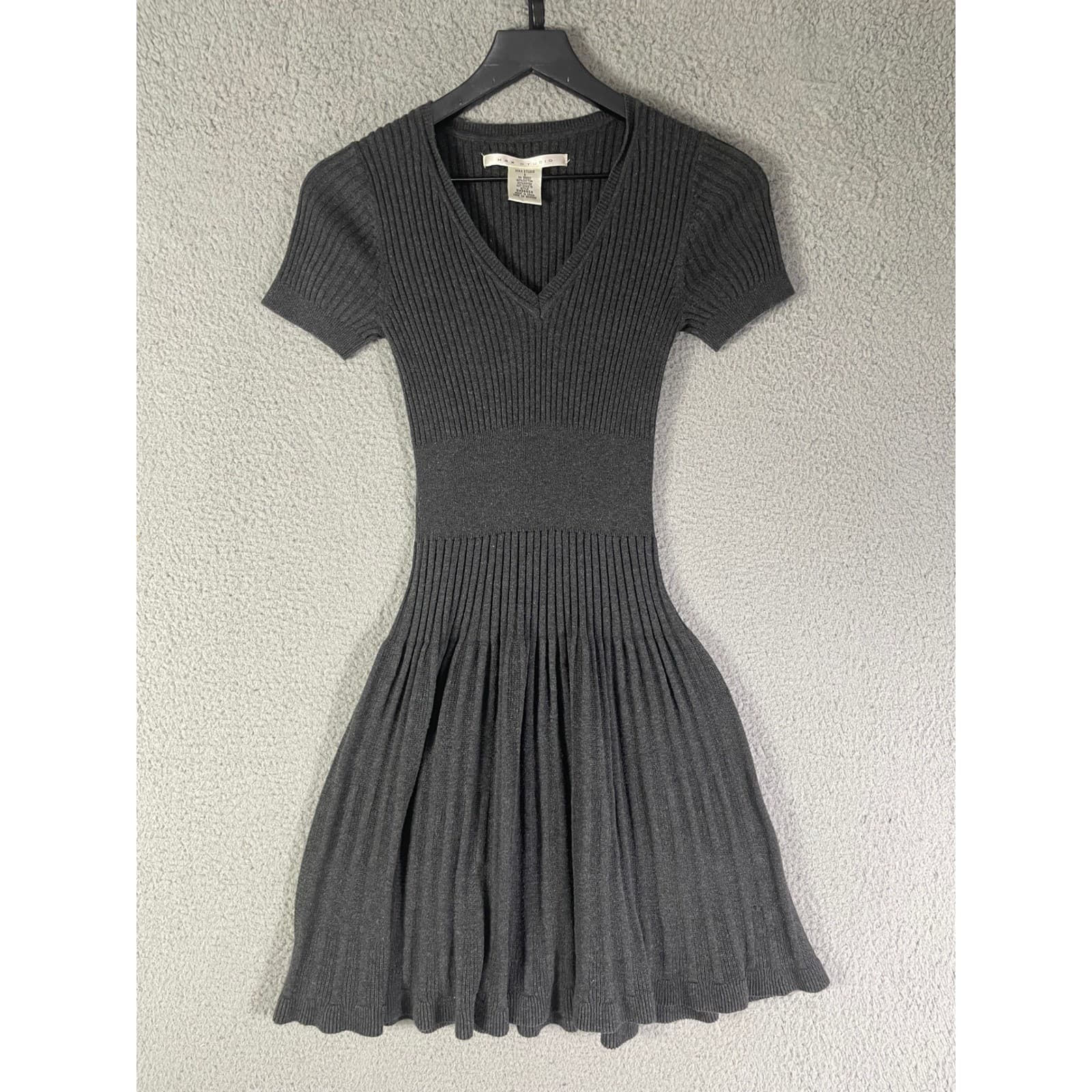 Max Studio Charcoal Grey Ribbed Knit V-Neck Fit and Flare Dress Small - Thumbnail 2