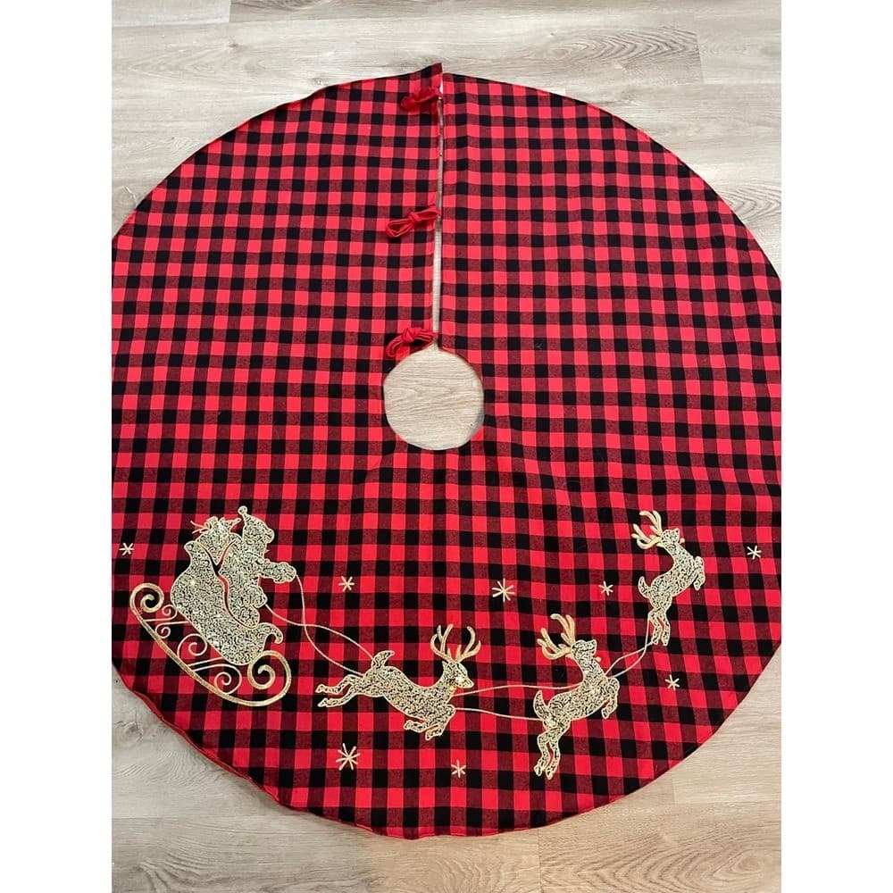 Jingles Joy Red Black Buffalo Plaid Christmas Tree Skirt Santa Sleigh Reindeer - Thumbnail 8