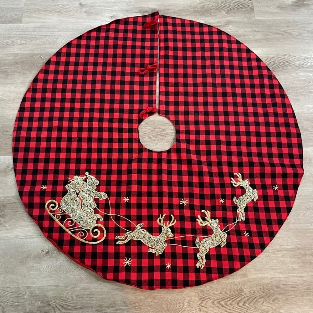 Jingles Joy Red Black Buffalo Plaid Christmas Tree Skirt Santa Sleigh Reindeer - Thumbnail 6