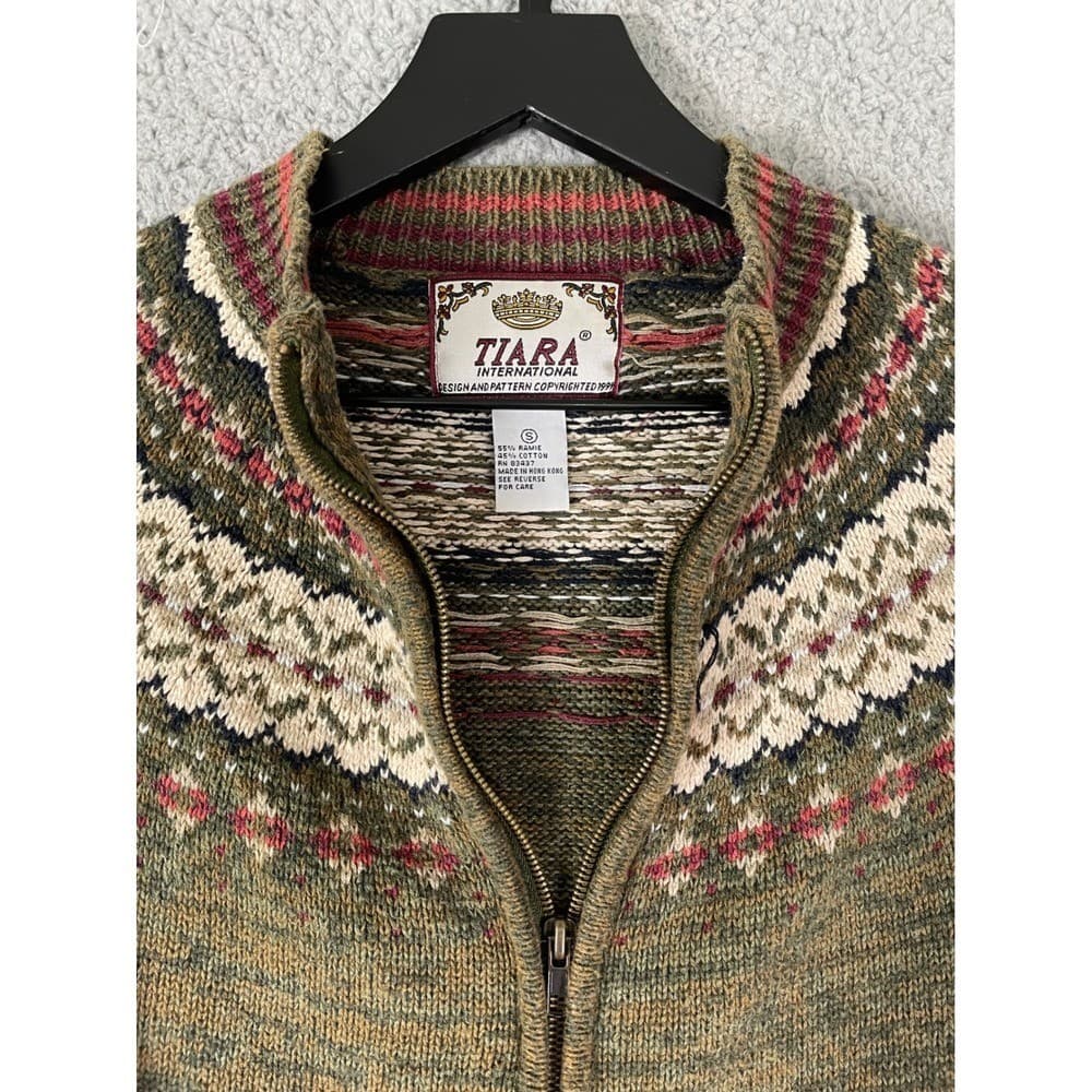 Tiara International Womens Small Zip Up Nordic Fair Isle Knit Sweater Green - Thumbnail 7