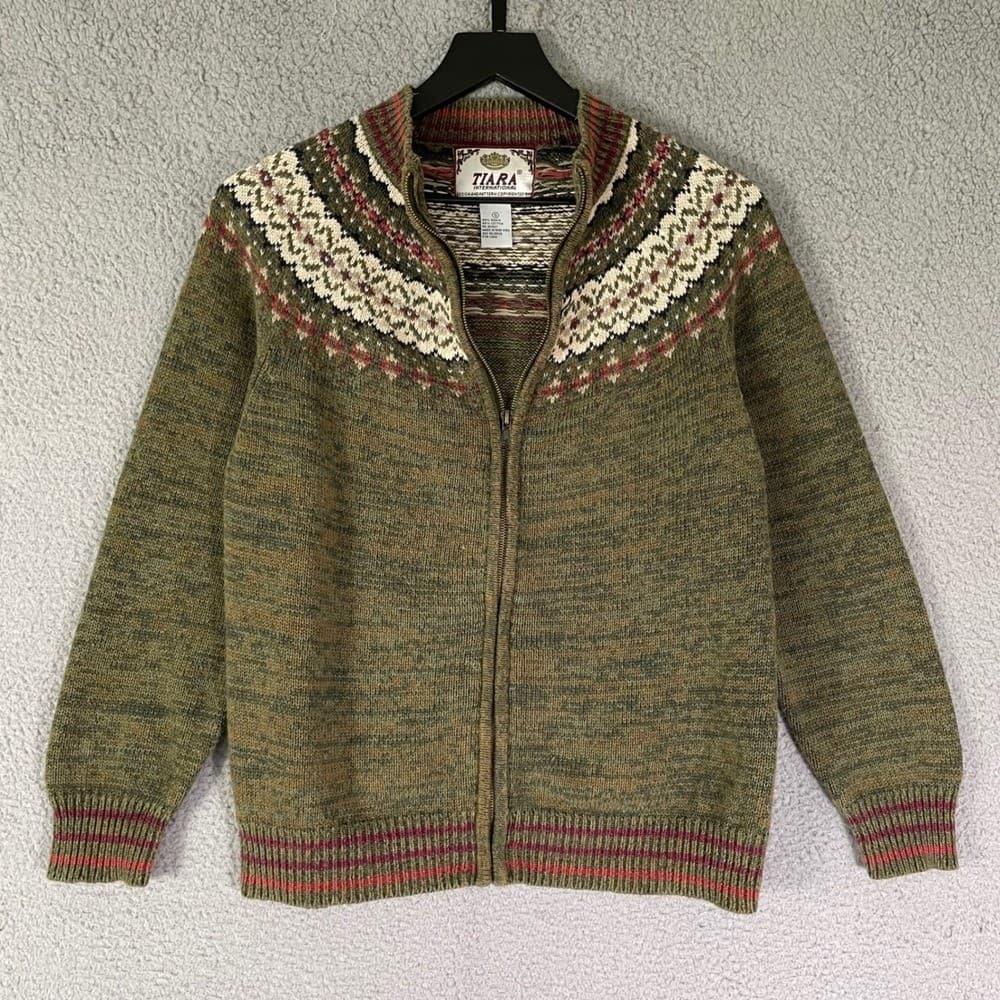 Tiara International Womens Small Zip Up Nordic Fair Isle Knit Sweater Green - Thumbnail 4