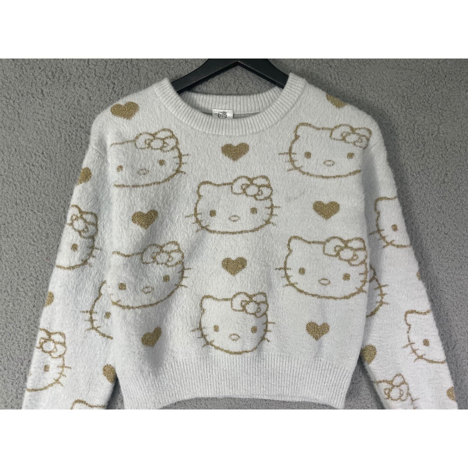 Hello Kitty Sanrio Kids Girls XL 14/16 Fuzzy Knit Sweater Gold Hearts White - Thumbnail 4